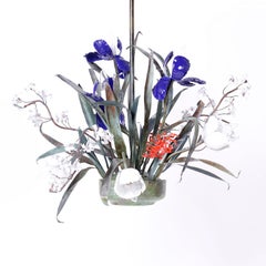 Lustre à fleurs en cuivre et émail du milieu du siècle dernier