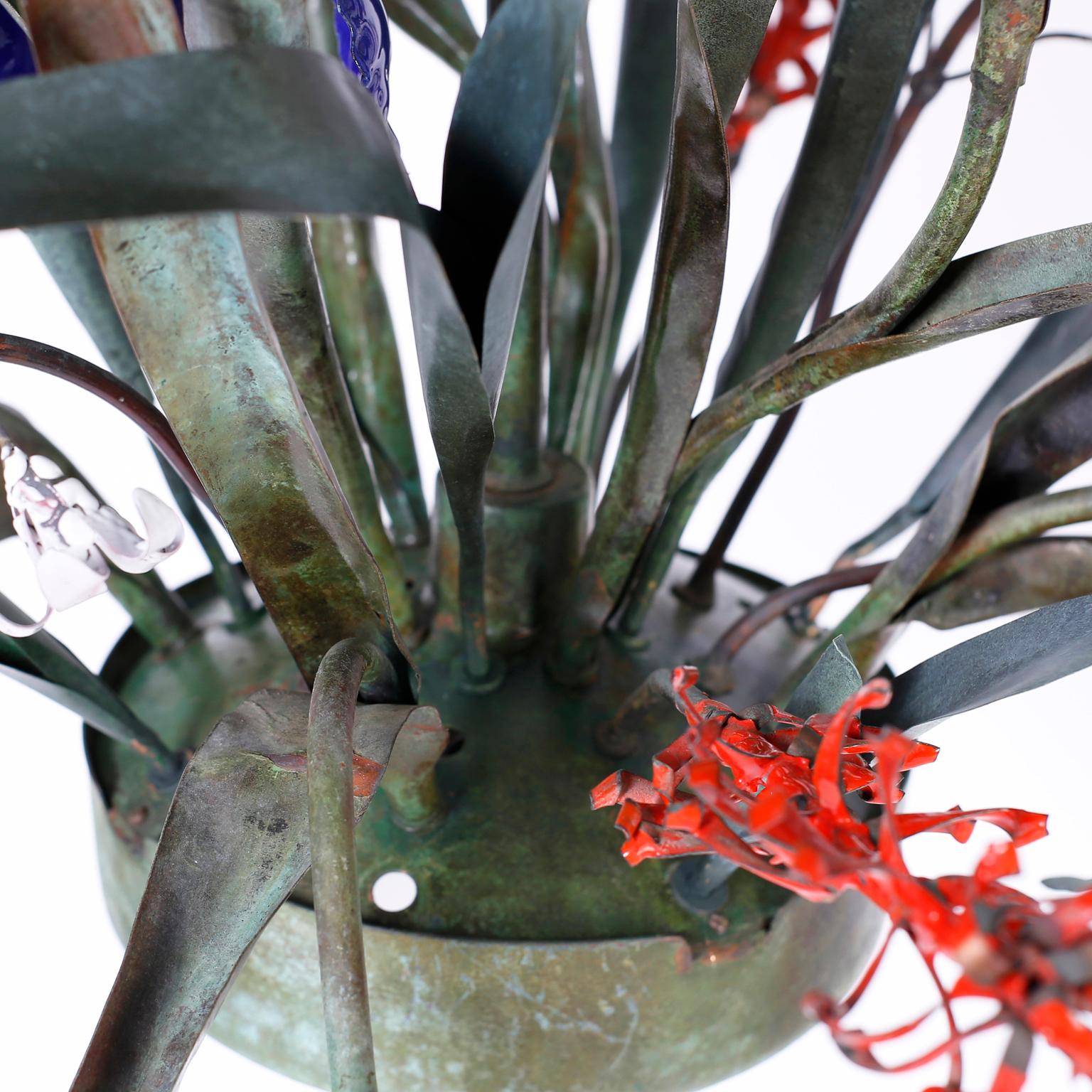 Patinated Midcentury Copper and Enamel Floral Chandelier For Sale