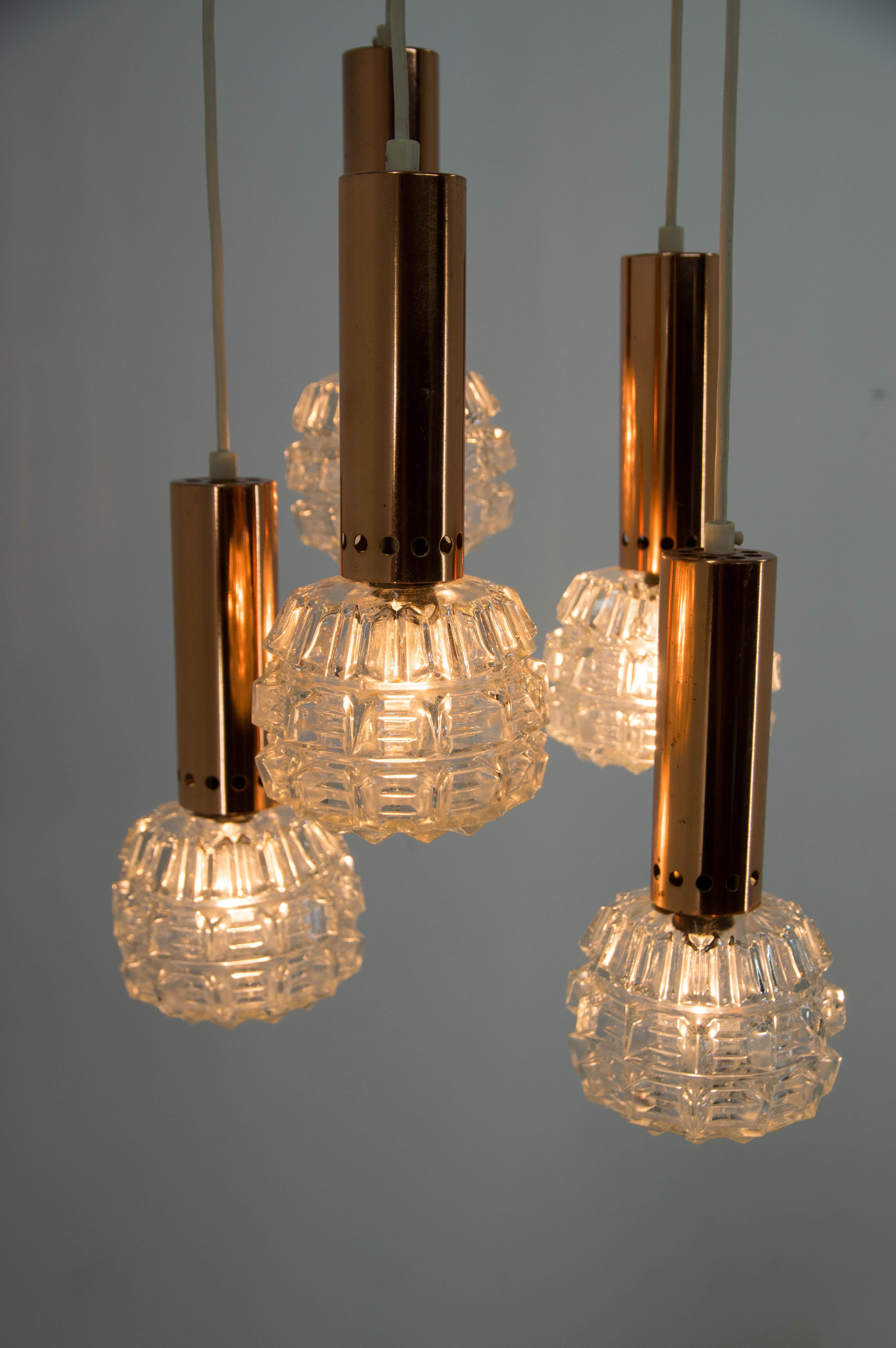 Czech Mid-Century Copper and Glass Chandelier, 1970s For Sale