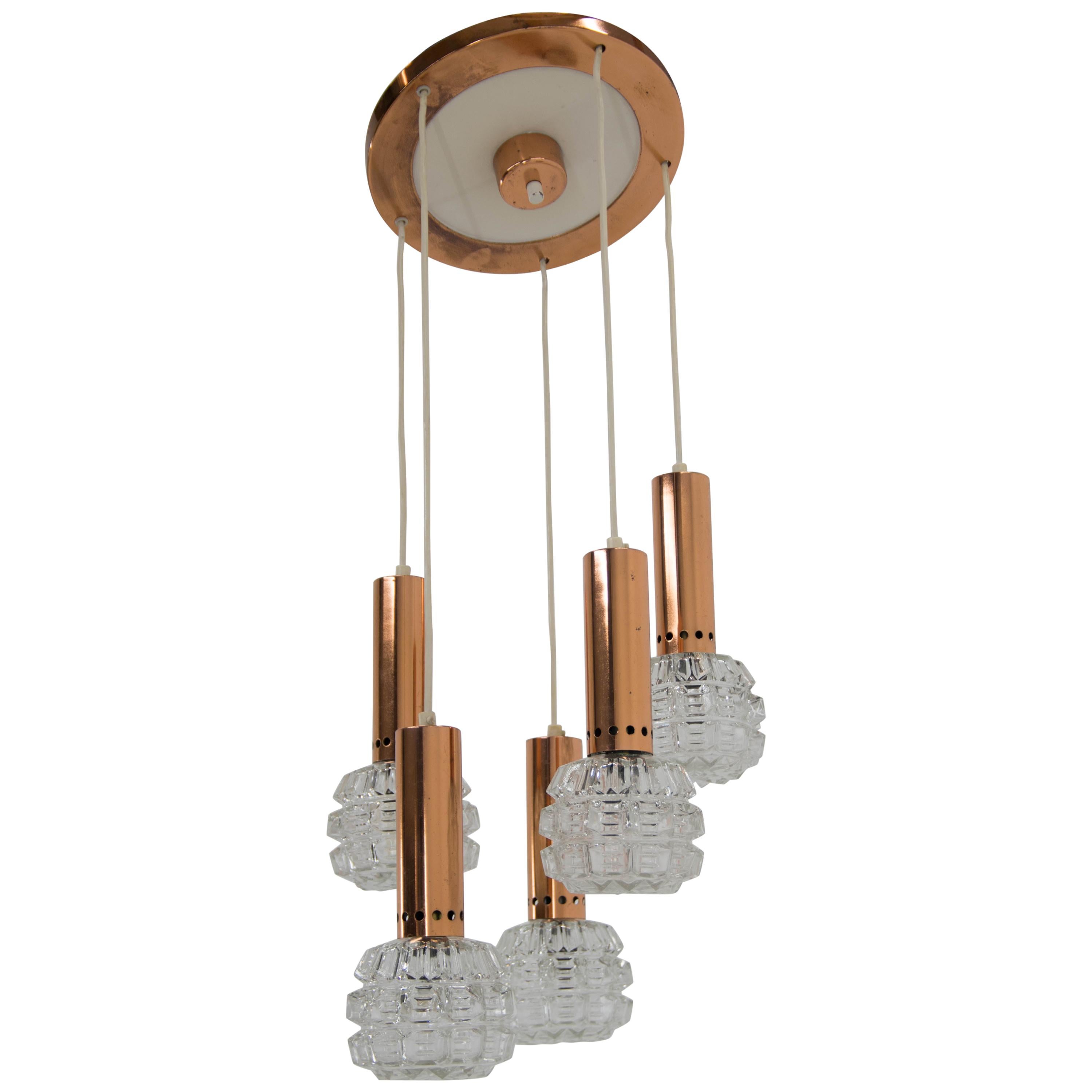 Mid-Century Copper and Glass Chandelier, 1970s For Sale