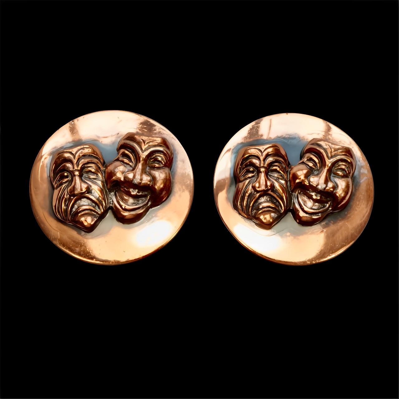 Mid Century Copper Comedy and Tragedy Link Chain Necklace and Earring Set For Sale 8