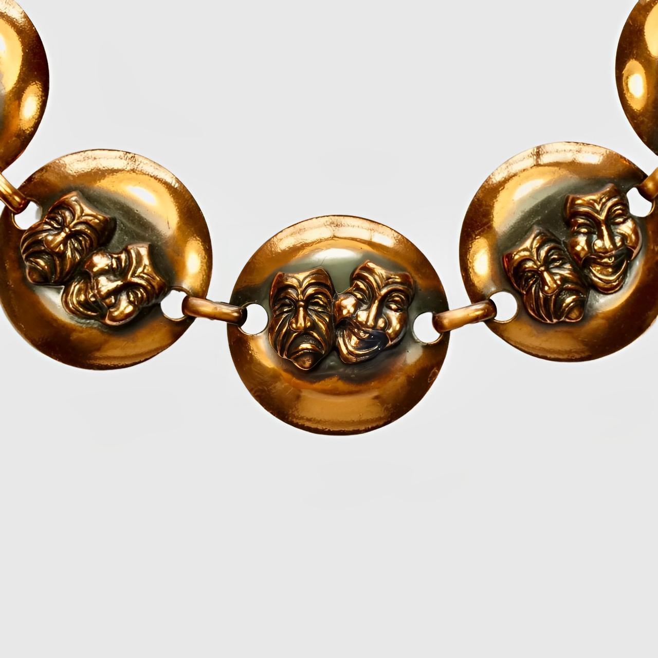 Mid Century Copper Comedy and Tragedy Link Chain Necklace and Earring Set For Sale 1
