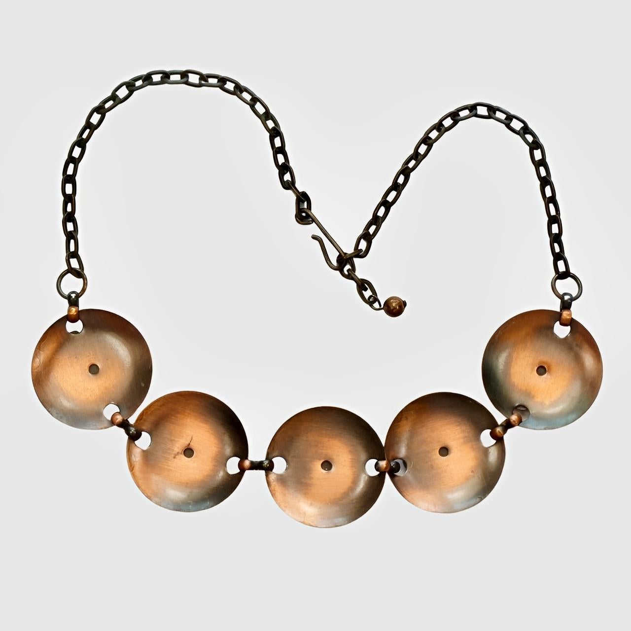 Mid Century Copper Comedy and Tragedy Link Chain Necklace and Earring Set For Sale 2