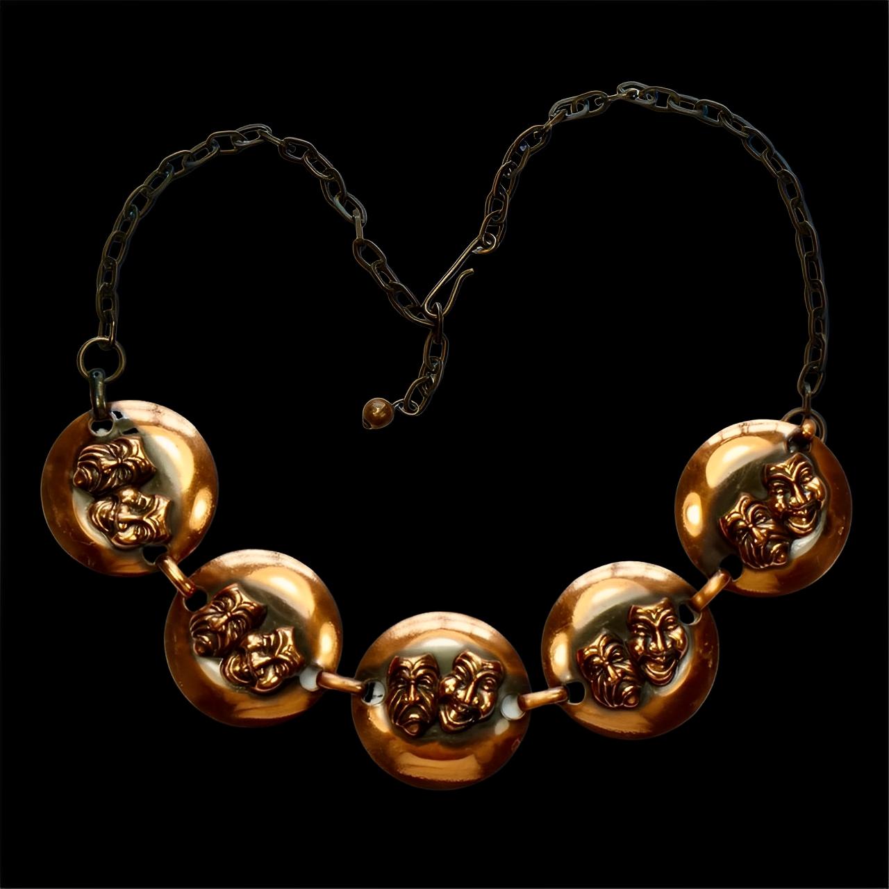 Mid Century Copper Comedy and Tragedy Link Chain Necklace and Earring Set For Sale 3