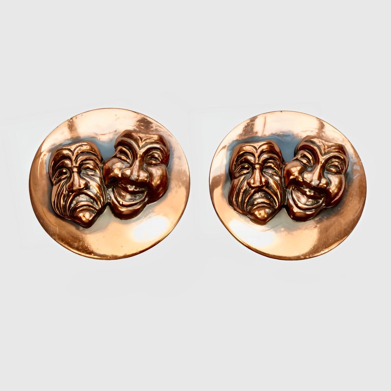 Mid Century Copper Comedy and Tragedy Link Chain Necklace and Earring Set For Sale 4