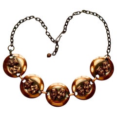 Mid Century Copper Comedy and Tragedy Link Chain Necklace and Earring Set