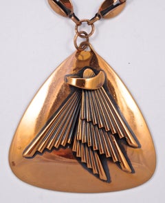 Mid Century Copper Polished Abstract Large Pendant and Link Chain Necklace