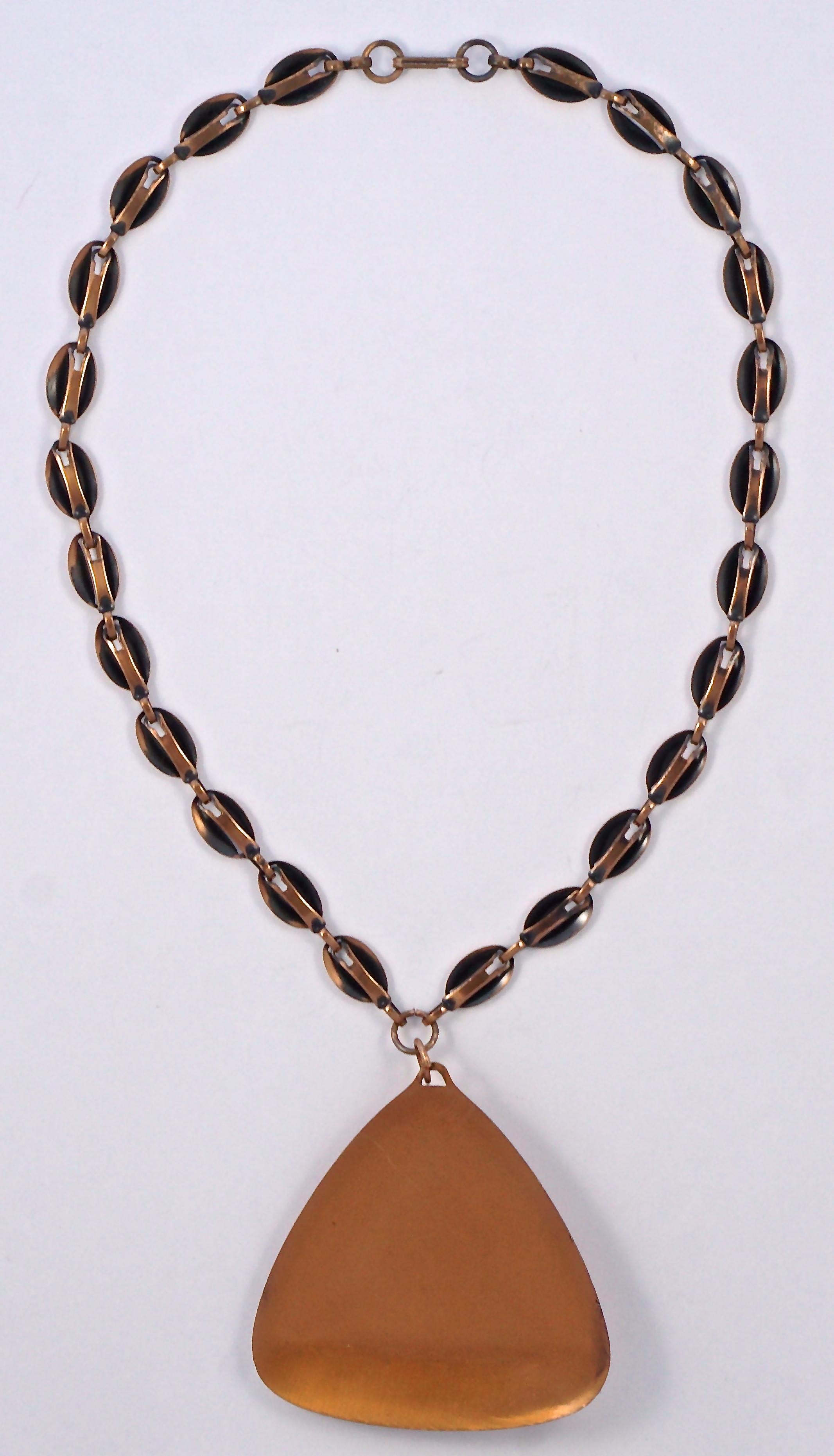 Modernist Mid Century Copper Polished Abstract Large Pendant and Link Chain Necklace For Sale