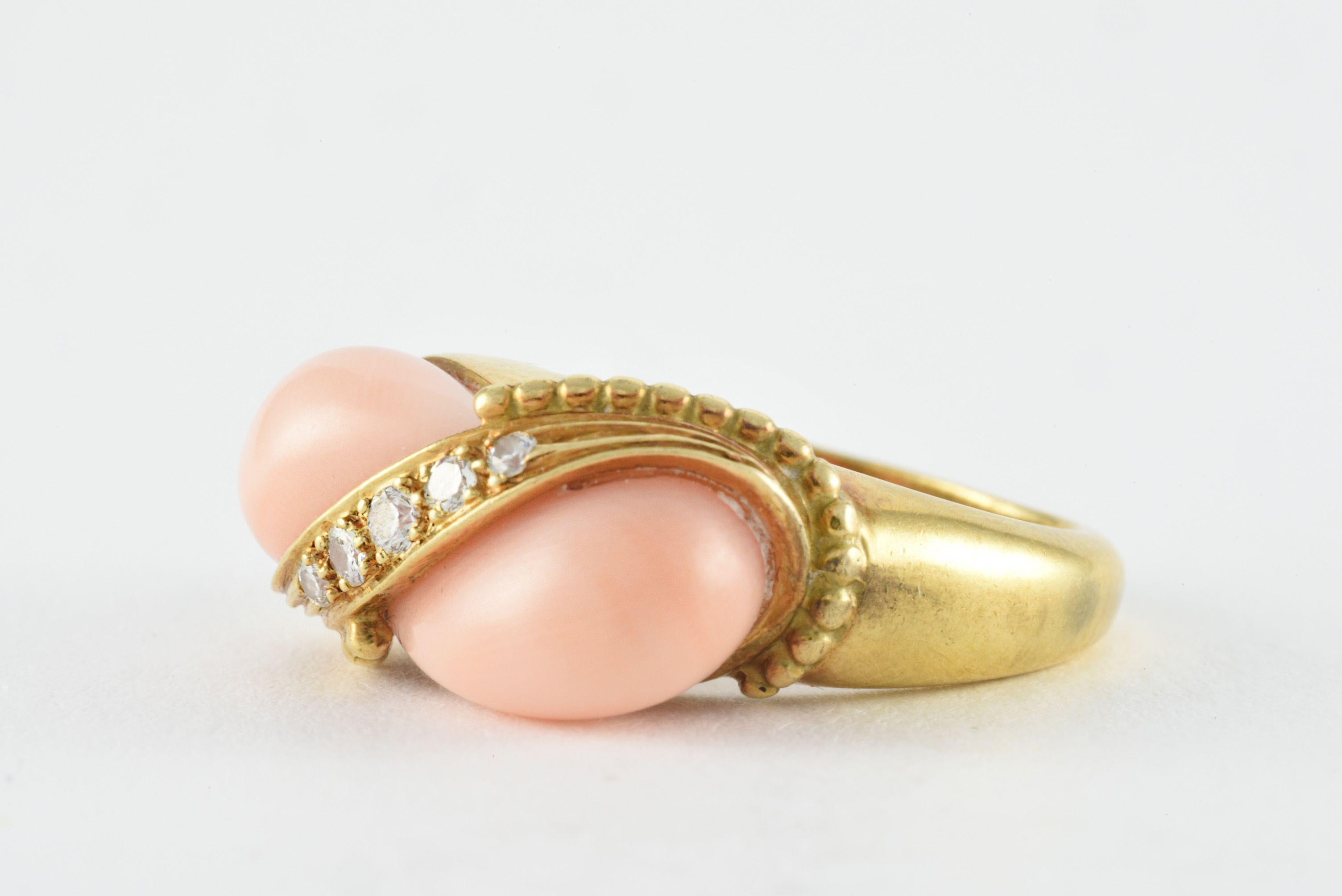 Retro Mid-Century Coral and Diamond French Fashion Ring For Sale