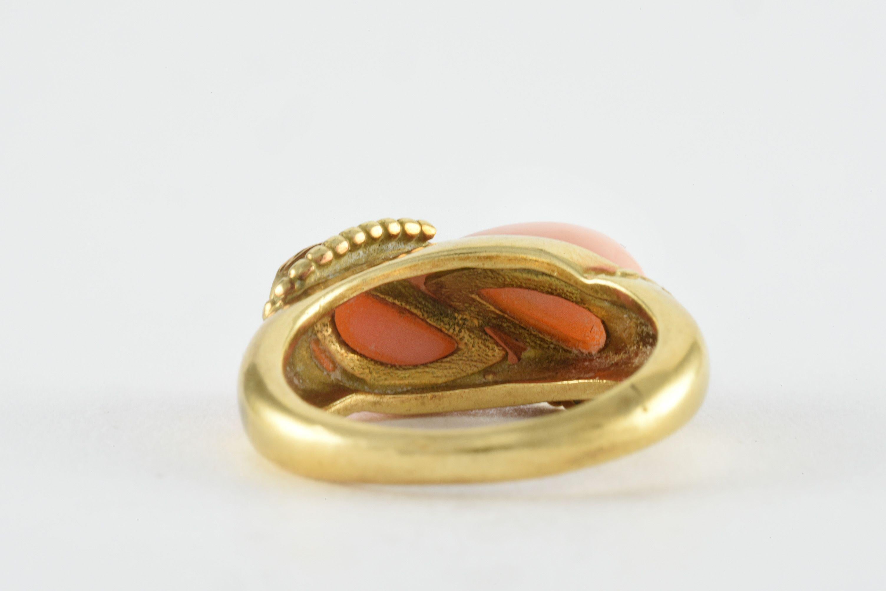 Cabochon Mid-Century Coral and Diamond French Fashion Ring For Sale