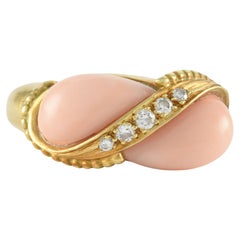 Retro Mid-Century Coral and Diamond French Fashion Ring