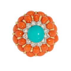 Mid-Century coral and turquoise cocktail ring