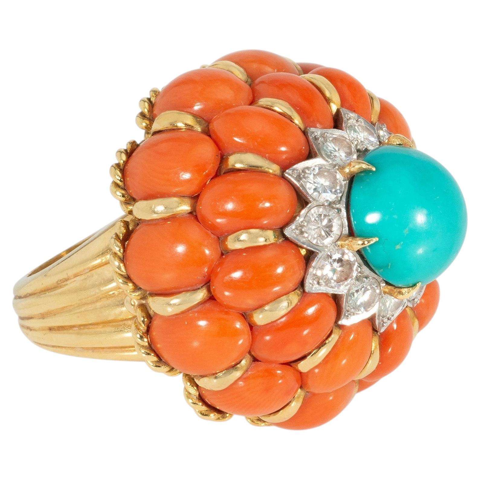 Mid-Century coral and turquoise cocktail ring For Sale