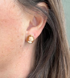 Mid Century Coral Cameo 14k Yellow Gold Earrings 1960s