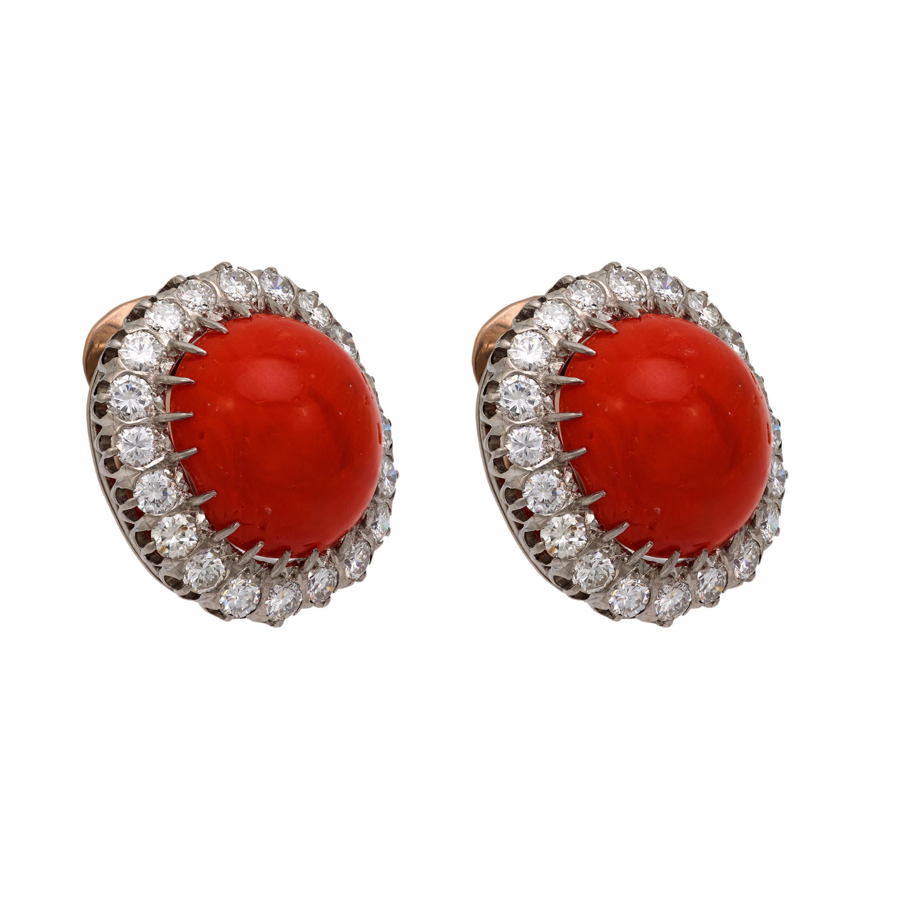 Pendientes racimo coral diamante platino Mid Century Moderno en venta