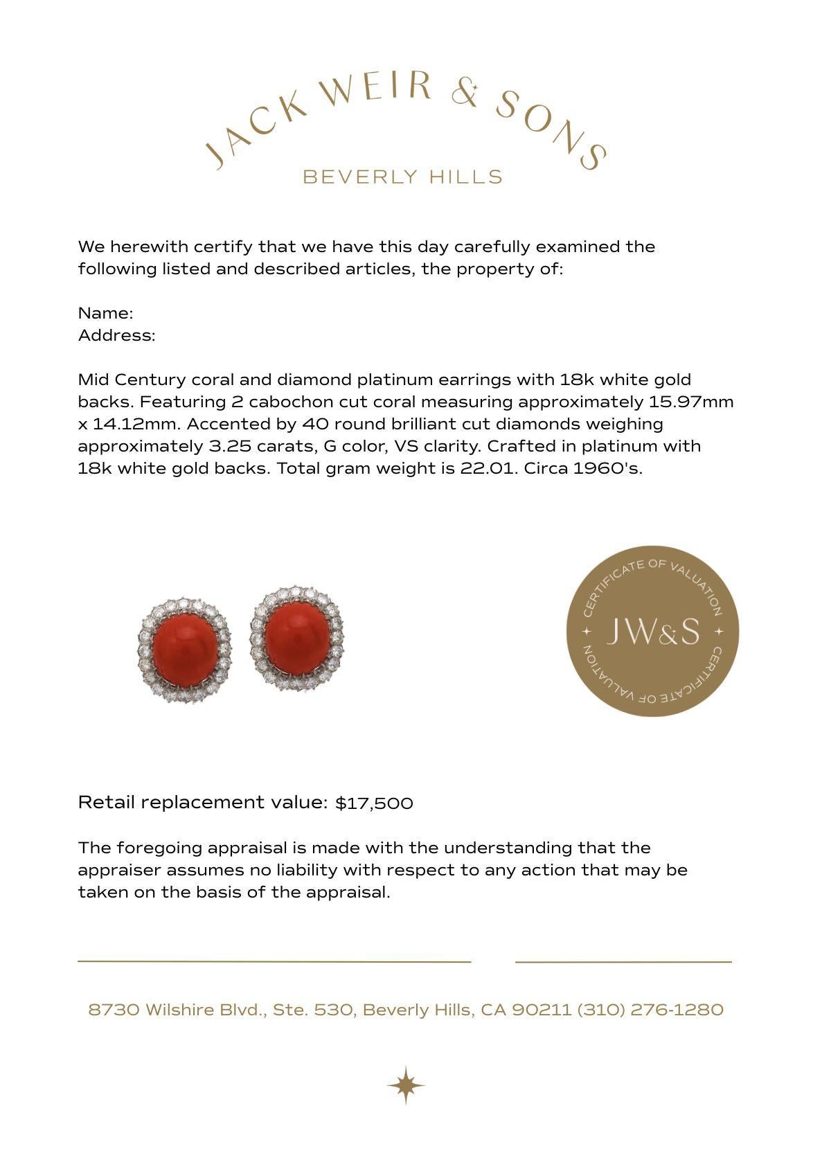 De las mujeres Pendientes racimo coral diamante platino Mid Century en venta