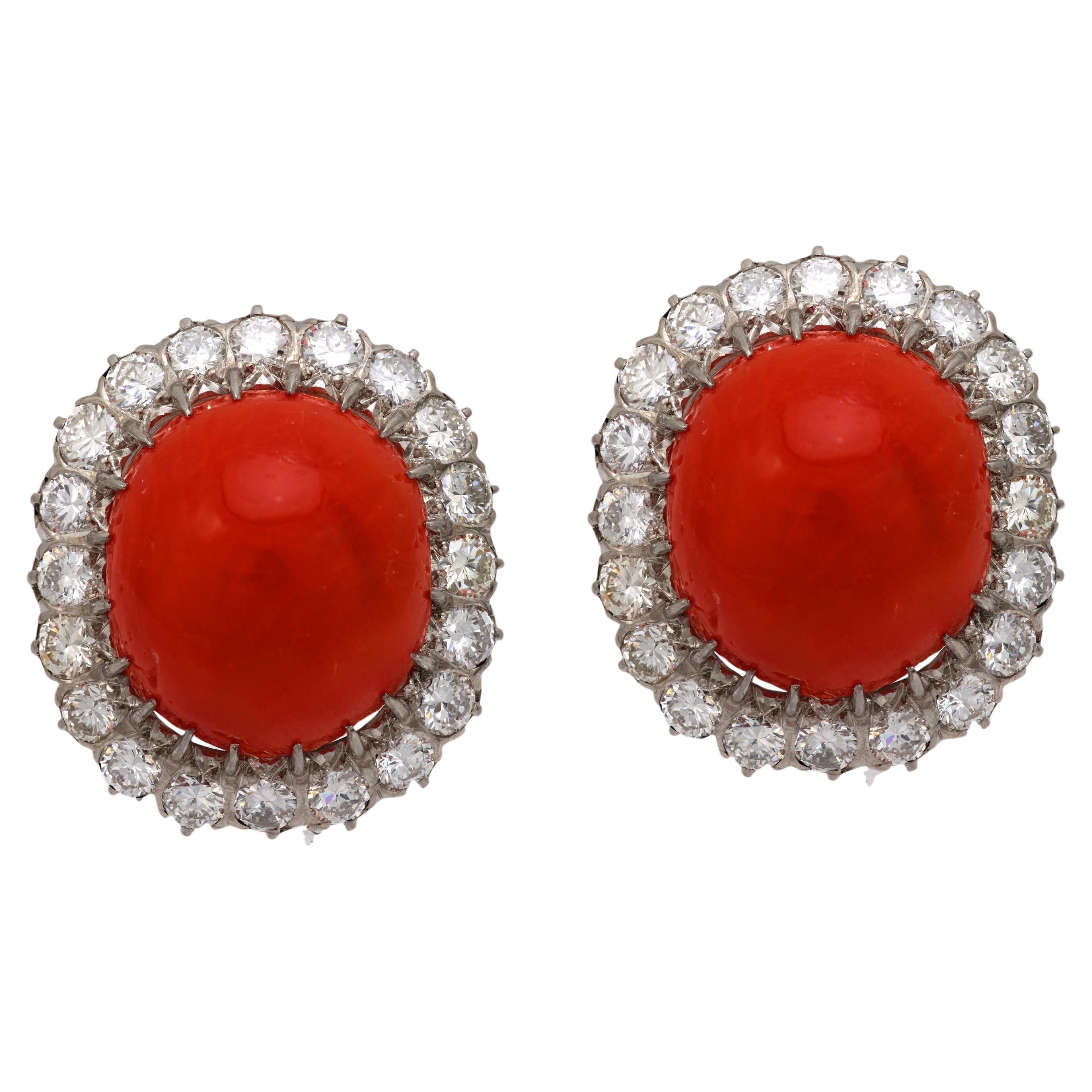 Pendientes racimo coral diamante platino Mid Century en venta