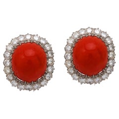 Pendientes racimo coral diamante platino Mid Century