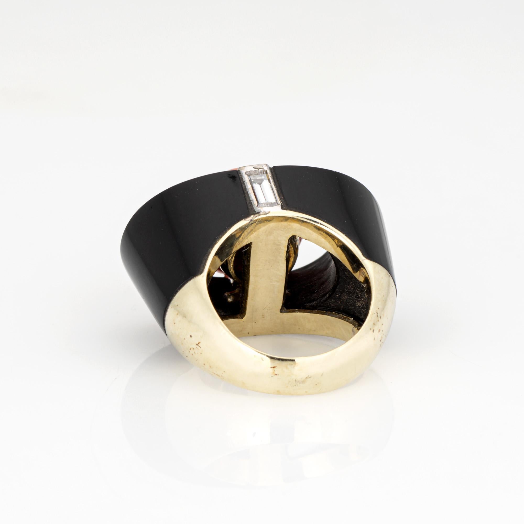 Mid Century Koralle Onyx Diamantring Vintage 14k Gelbgold Rosay Gr. 3,5 Schmuckstücke im Zustand „Gut“ im Angebot in Torrance, CA