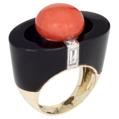 Mid Century Coral Onyx Diamond Ring Vintage 14k Yellow Gold Pinky Sz 3.5 Jewelry