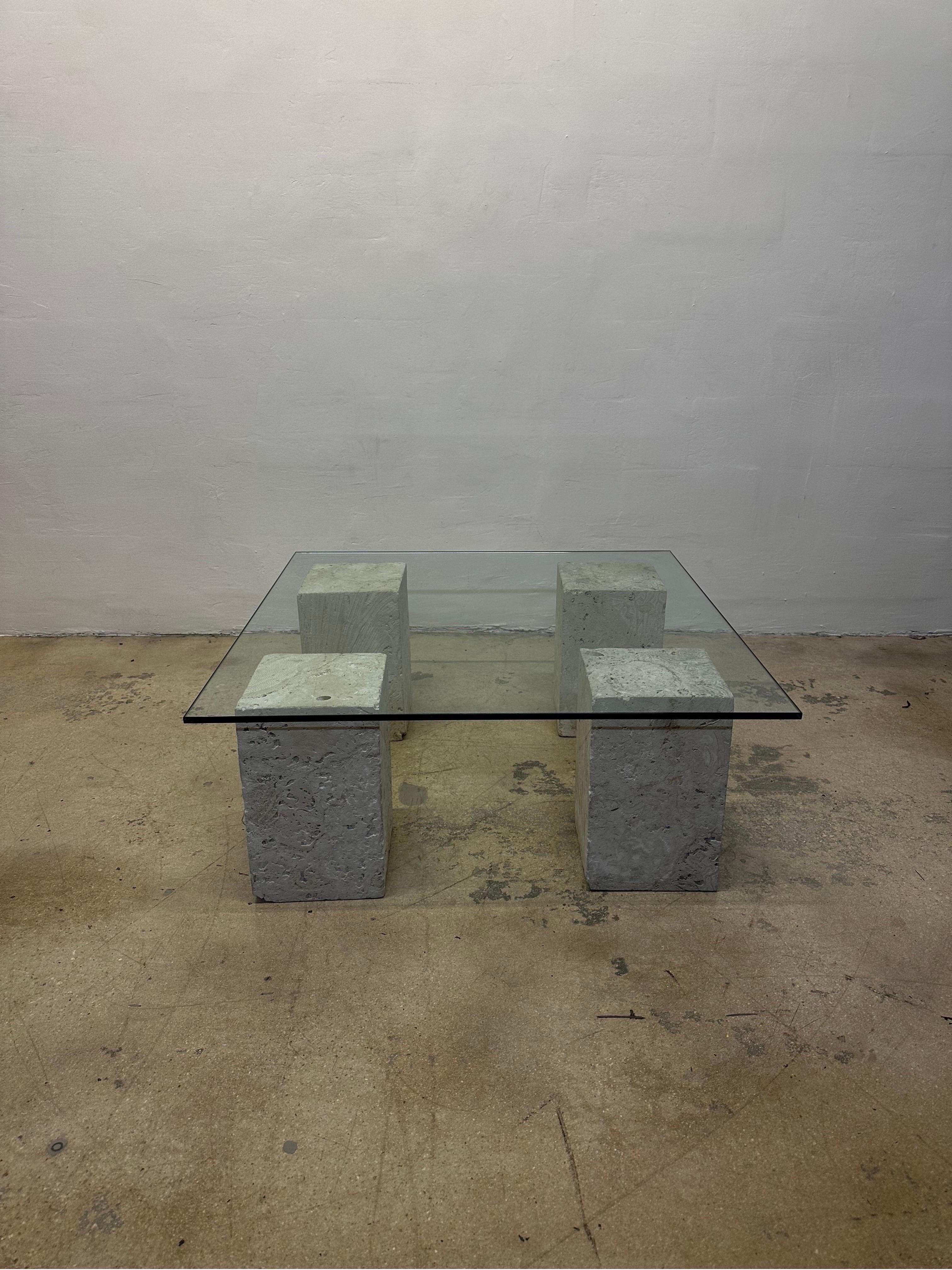Large coral stone block base coffee table with 1/2” glass top from the 1970s.  

Each block weighs 75 lbs and are W9” x D9” x H14.5”.  Use with existing glass or have one custom made.