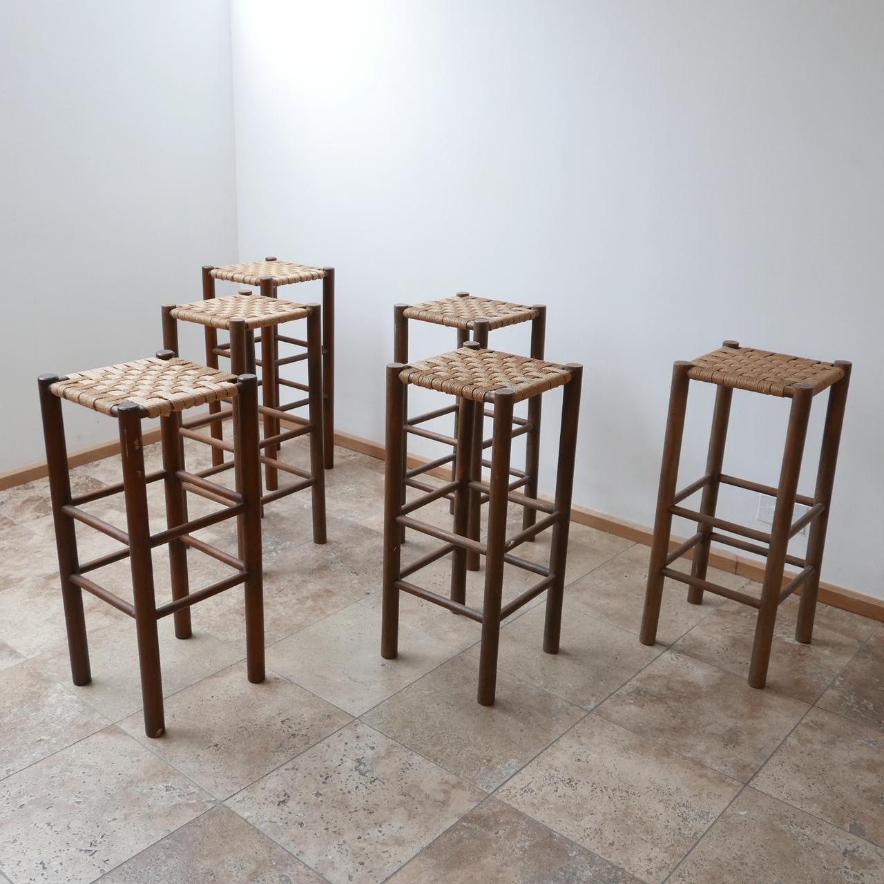 A good run of up to six bar stools in the manner of Charlotte Perriand,

circa 1960s, Holland. 

The stools all are matching in height and size, two however have slightly higher foot stools. 

Good condition and study. One of the tops has