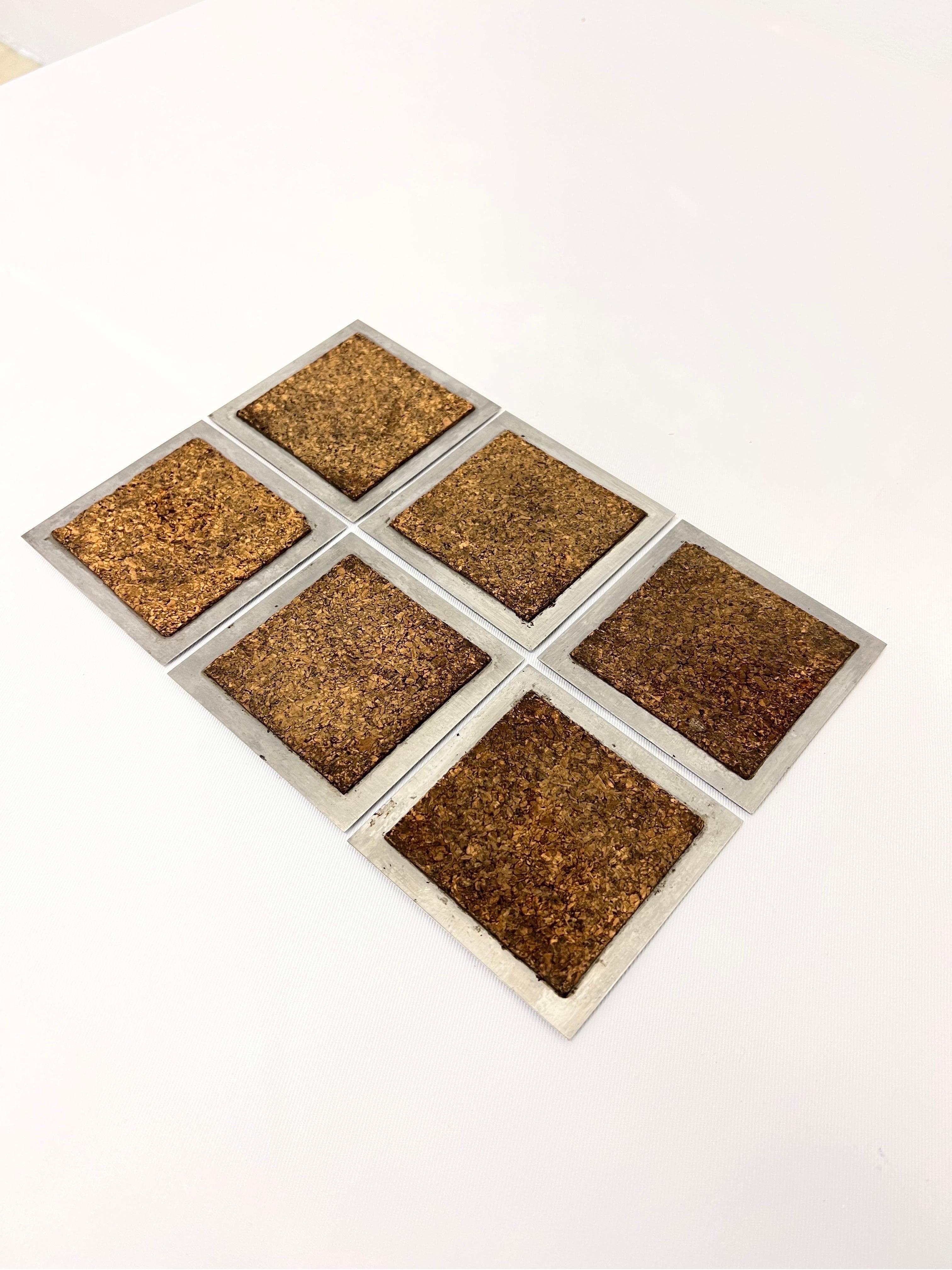 Unknown Mid-Century Cork and Steel Coasters, Set of Six For Sale