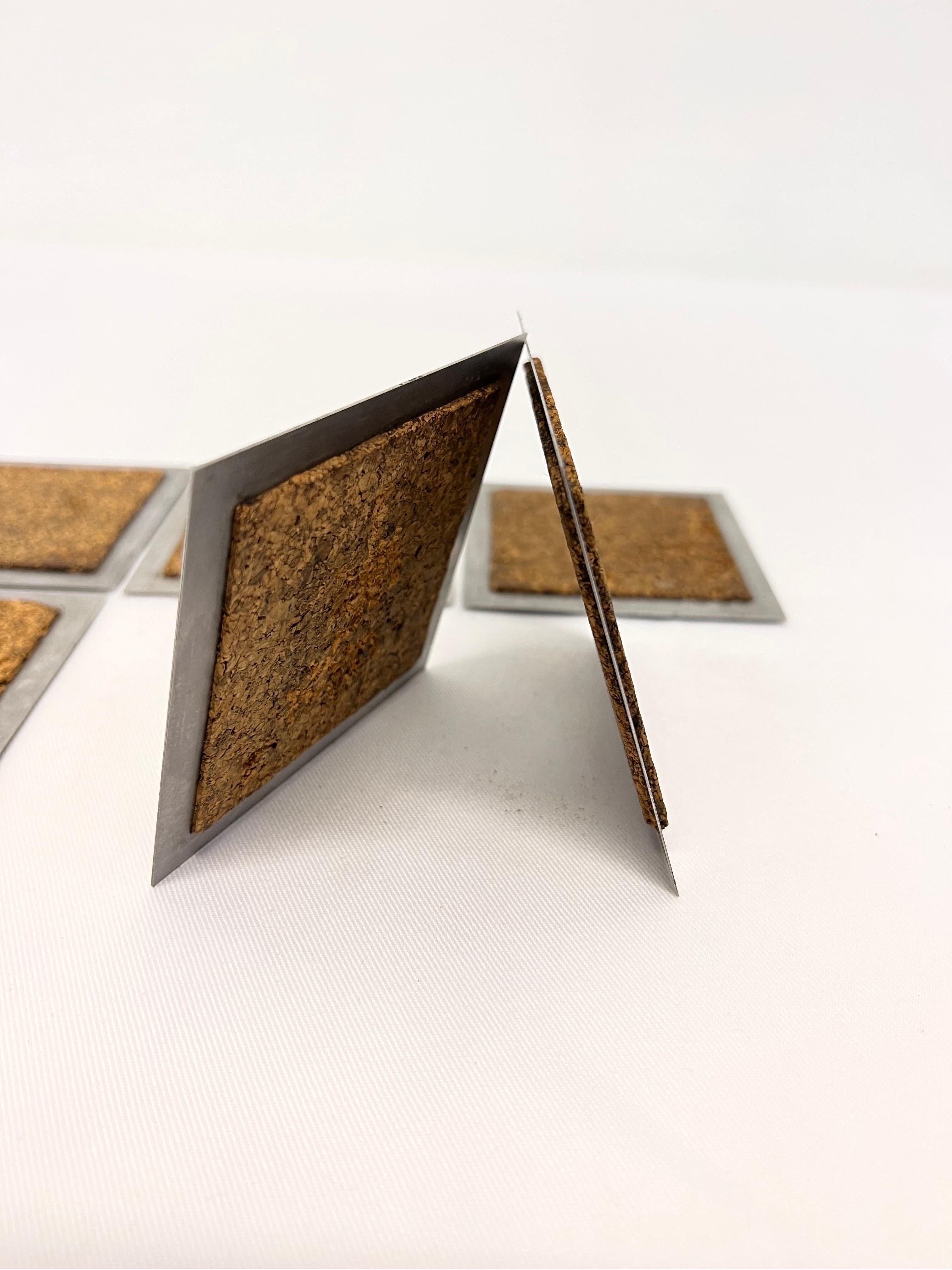 Mid-Century Cork and Steel Coasters, Set of Six In Good Condition For Sale In Miami, FL