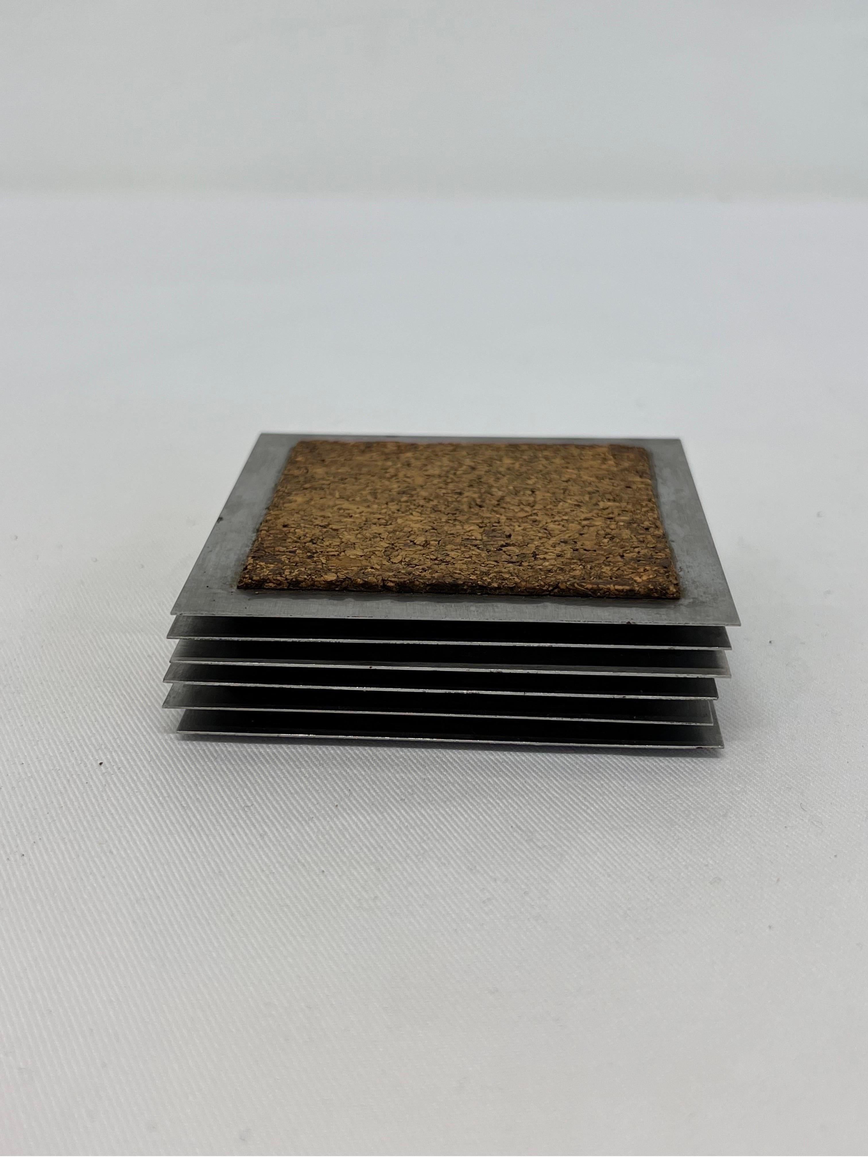 Mid-Century Cork and Steel Coasters, Set of Six For Sale 1