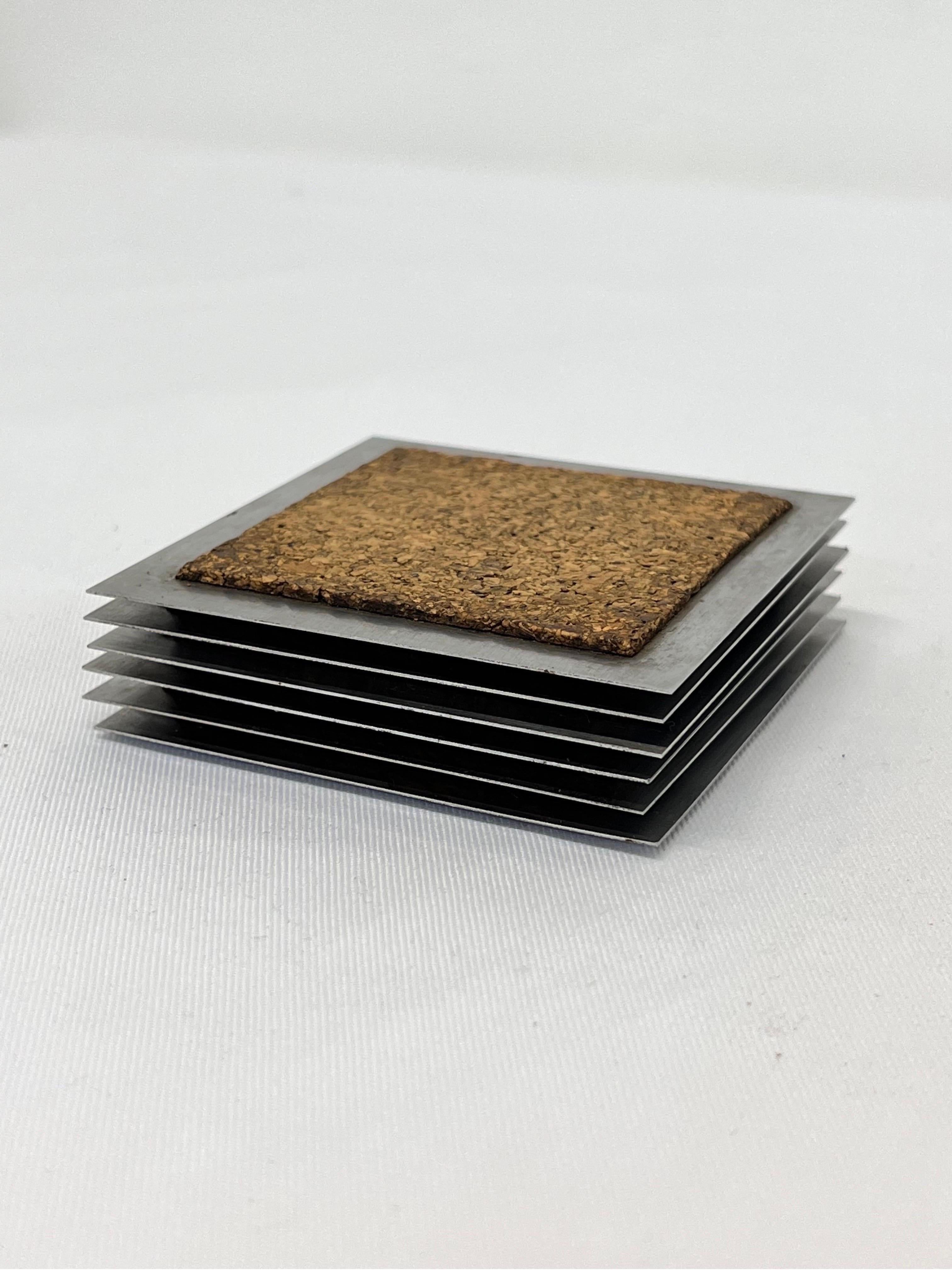 Mid-Century Cork and Steel Coasters, Set of Six For Sale 2