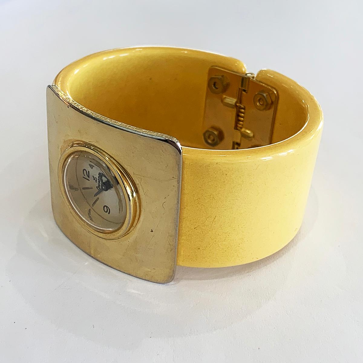 Mid Century  Corn Yellow Bakelite  mechanical movement Watch, clamper Bangle with Hidden joint below gilt front cover; 17 Jewel, by Swiss maker Lausanne. Shock proof workings, keeps good time for age. A fantastic period piece to suite the most