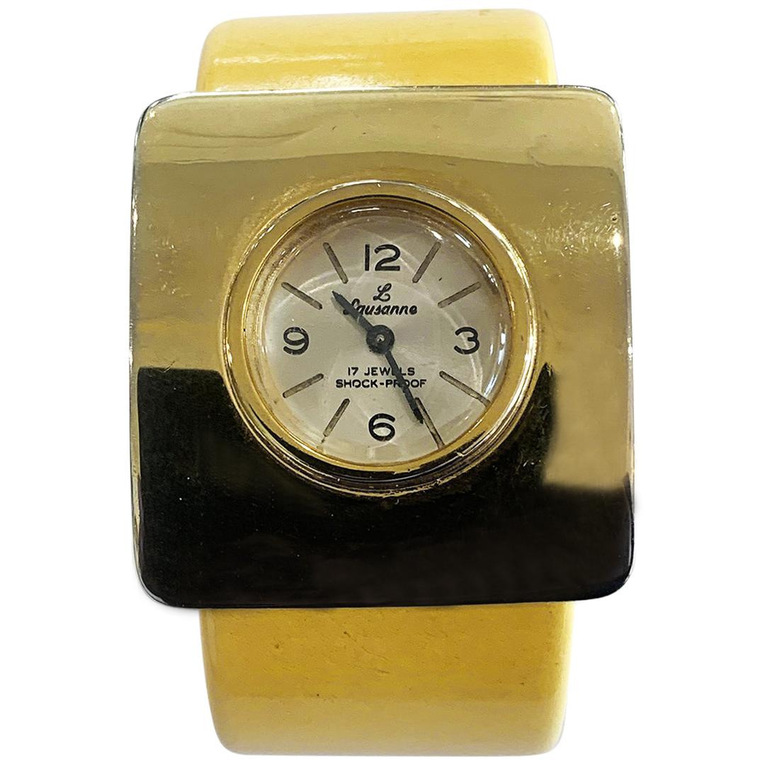 Mid Century Corn yellow bakelite watch by Lausanne For Sale