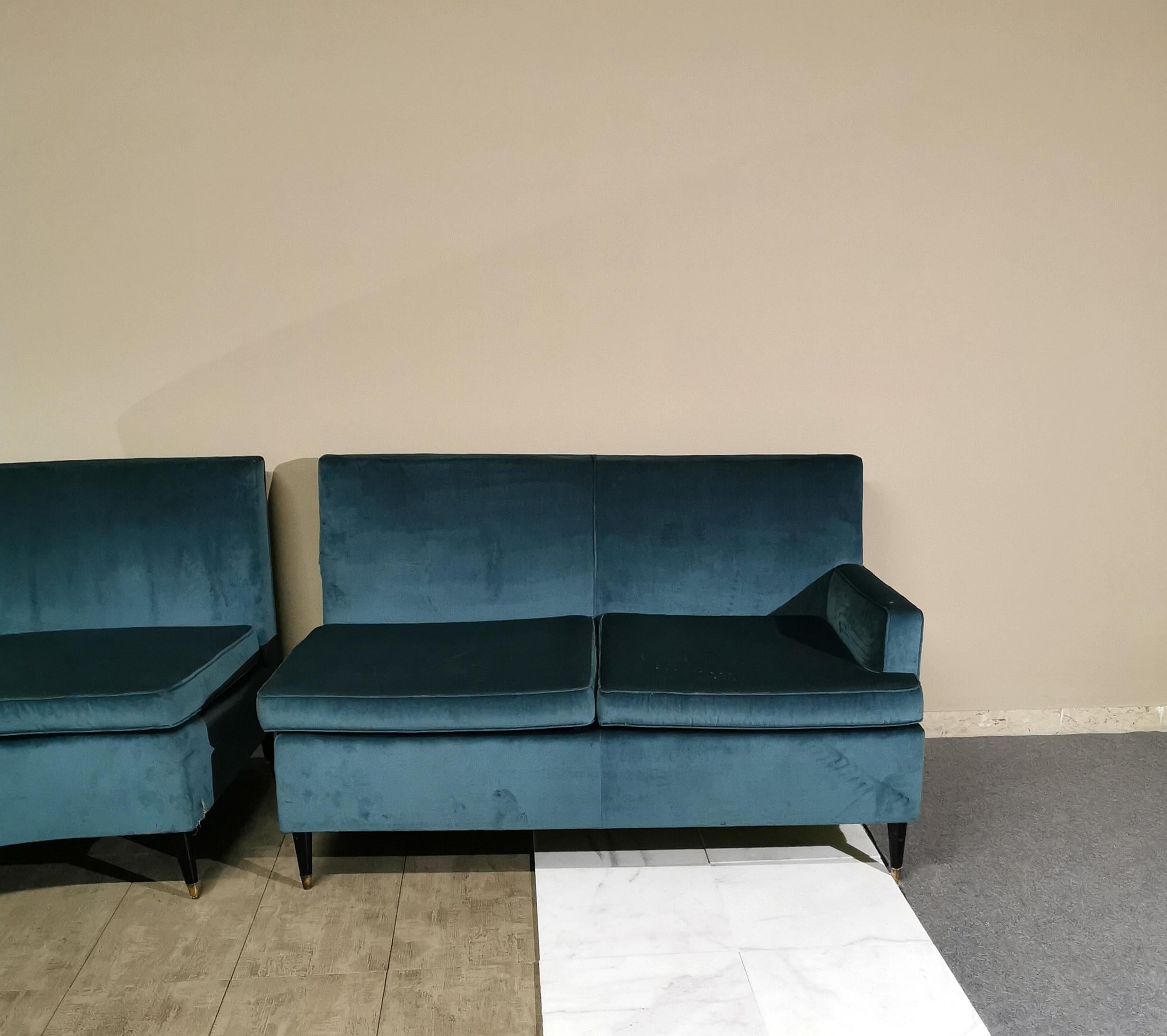 Midcentury Corner Sofa Smooth Velvet Feet Wood Brass Modular Italy 60s Turquoise For Sale 1