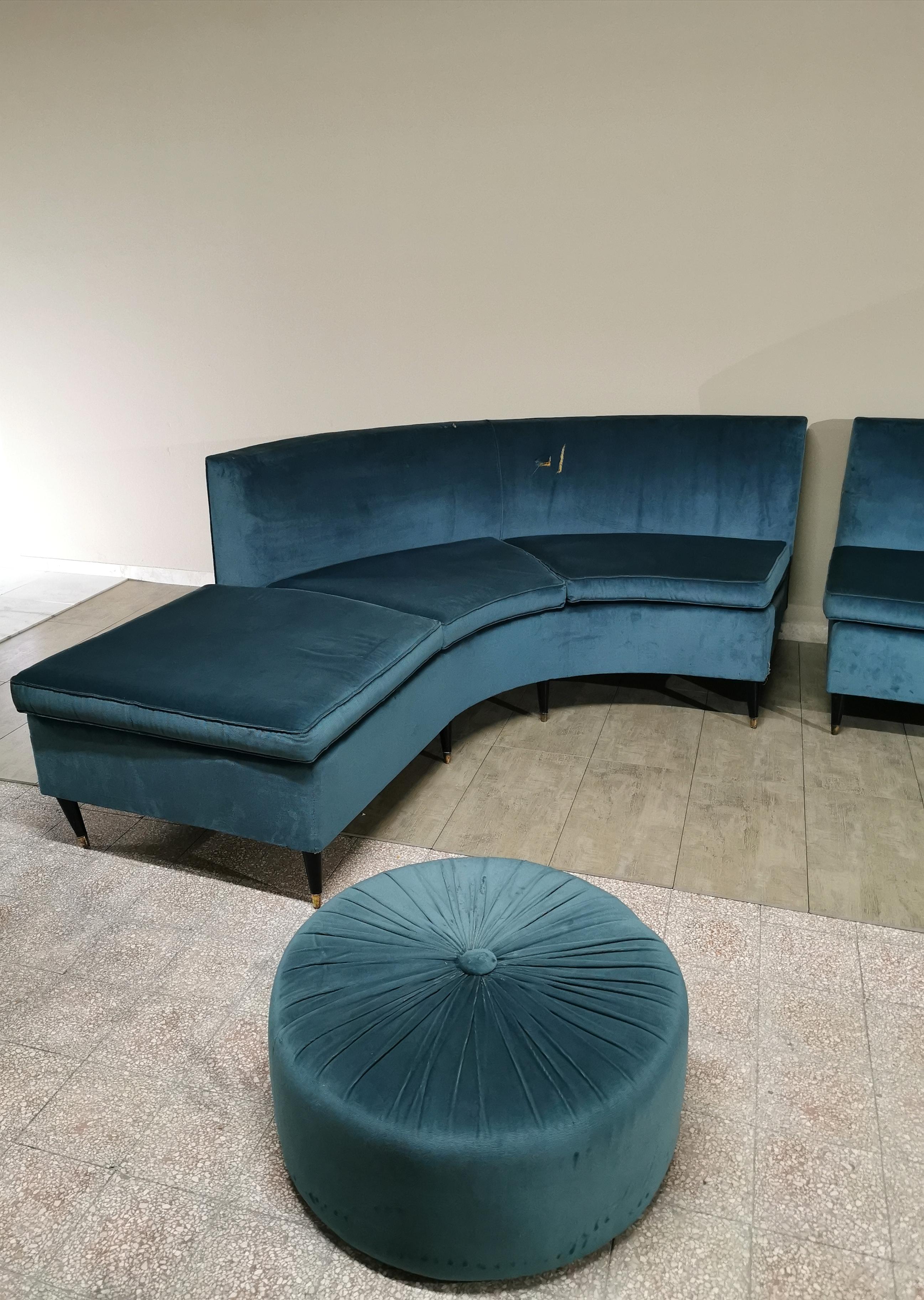 Midcentury Corner Sofa Smooth Velvet Feet Wood Brass Modular Italy 60s Turquoise For Sale 4