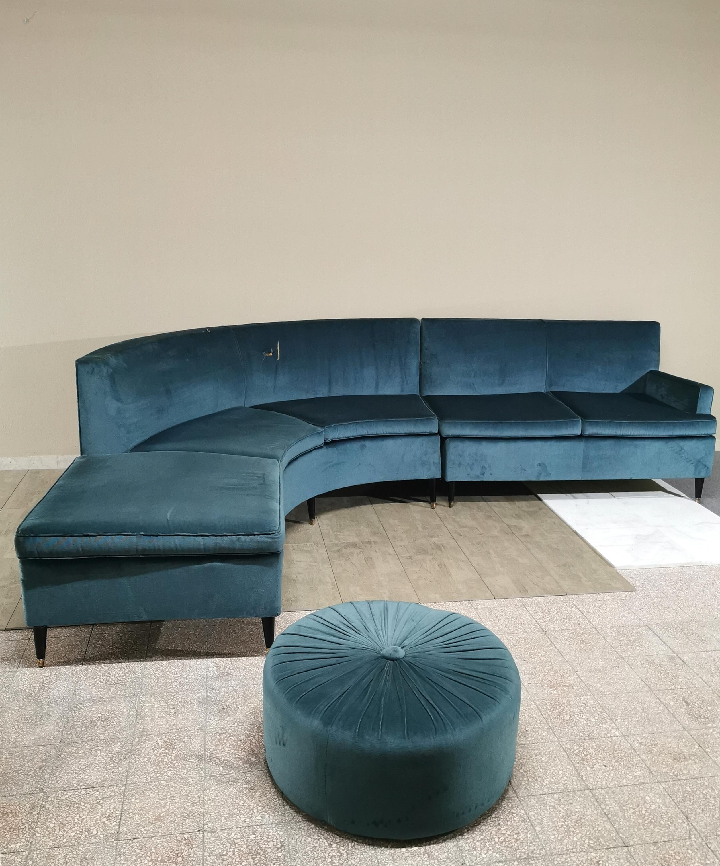 Midcentury Corner Sofa Smooth Velvet Feet Wood Brass Modular Italy 60s Turquoise 5