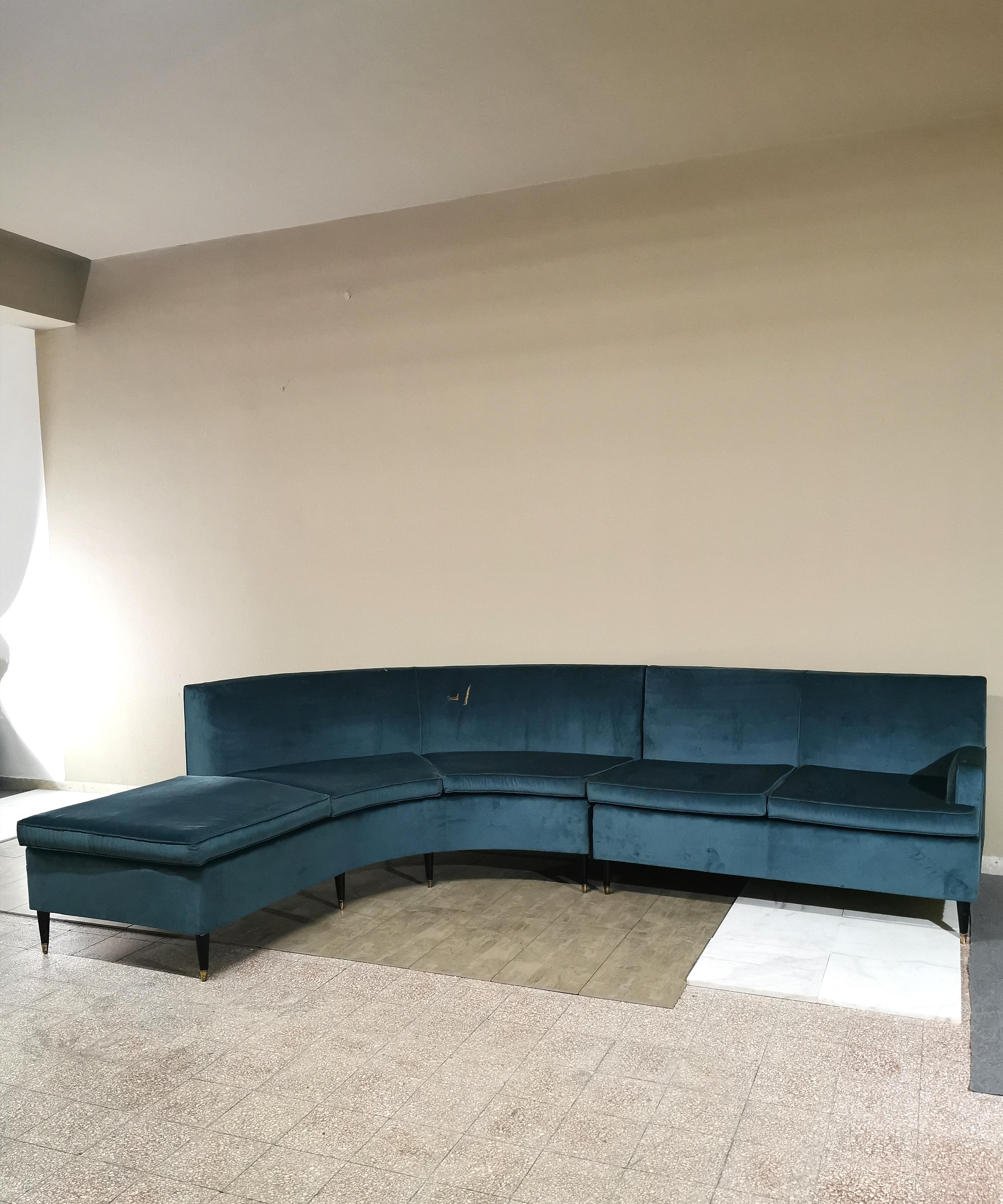 Mid-Century Modern Midcentury Corner Sofa Smooth Velvet Feet Wood Brass Modular Italy 60s Turquoise
