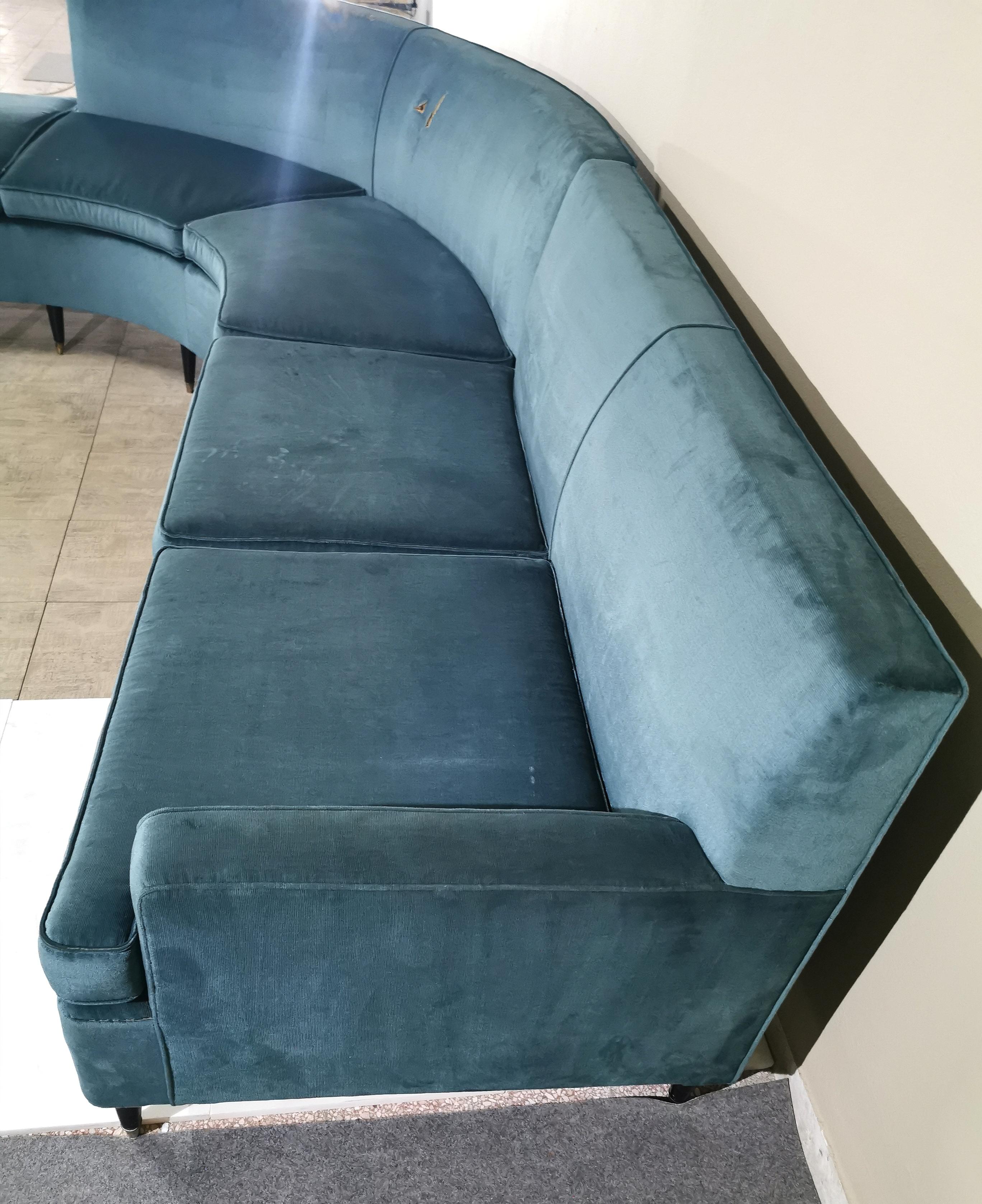 Italian Midcentury Corner Sofa Smooth Velvet Feet Wood Brass Modular Italy 60s Turquoise