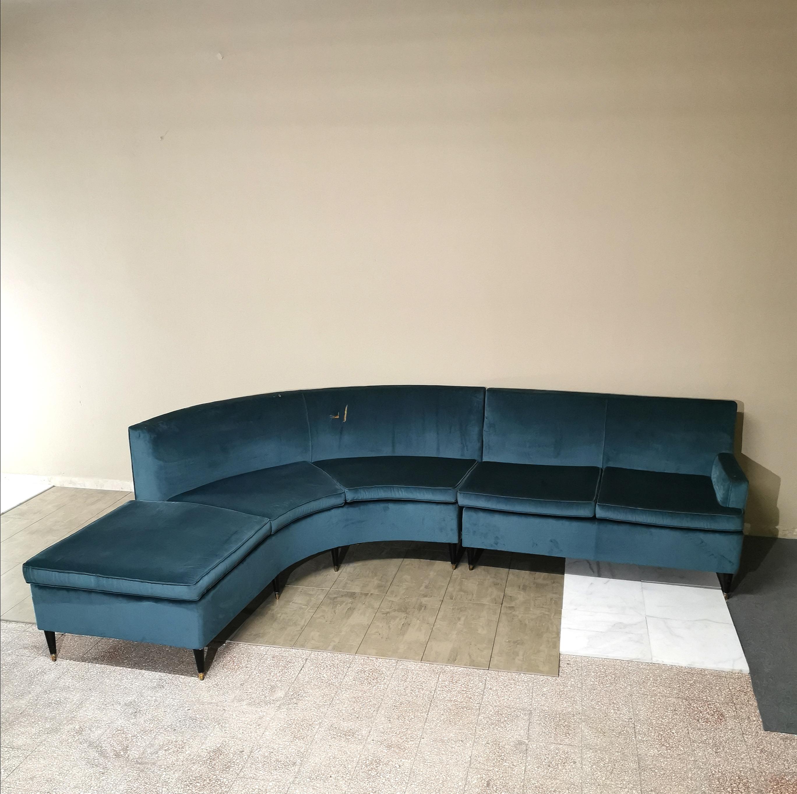 20th Century Midcentury Corner Sofa Smooth Velvet Feet Wood Brass Modular Italy 60s Turquoise