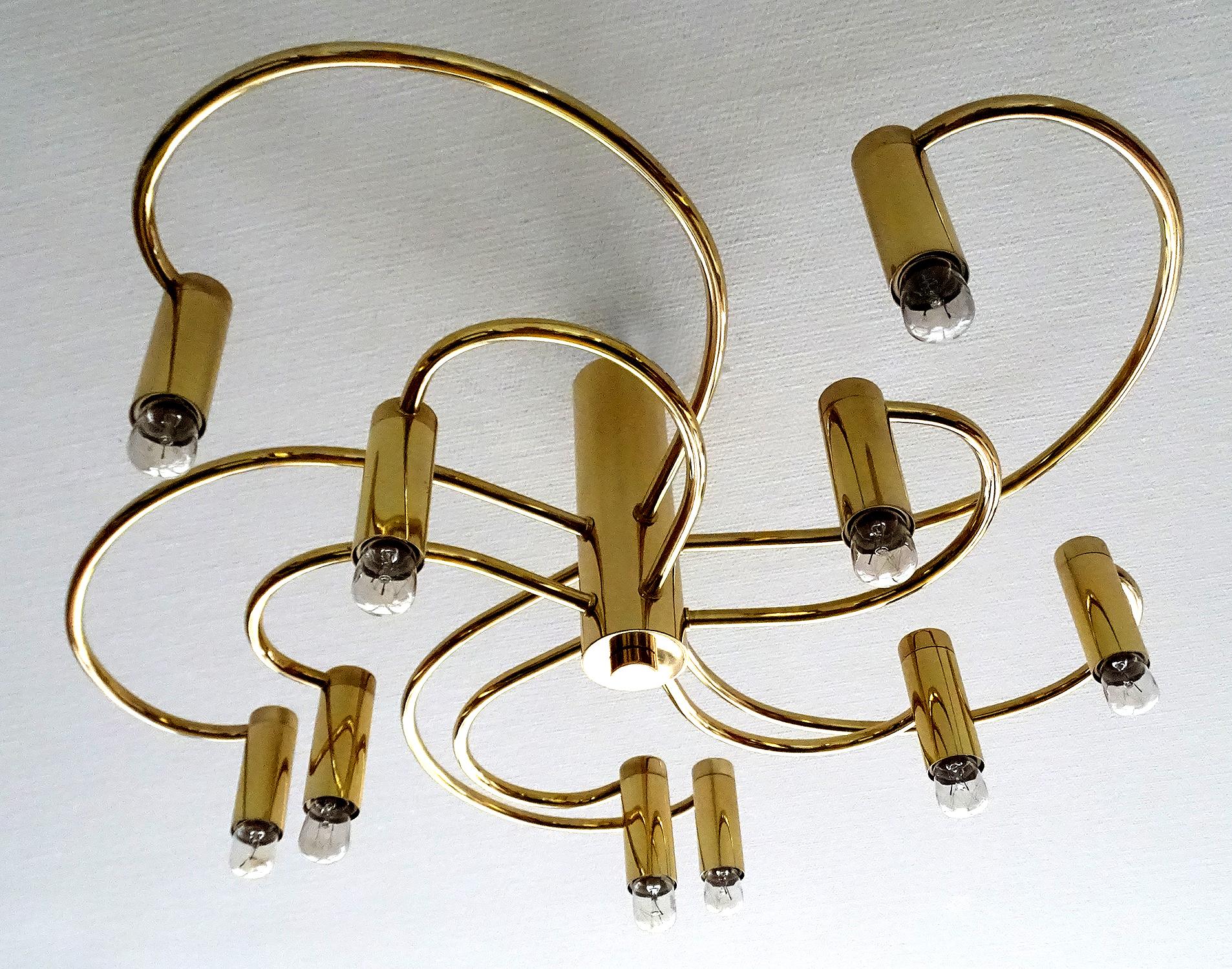 German  Mid Century Cosack Brass Flush Light,  Brass, Sciolari Style, 1970s  For Sale