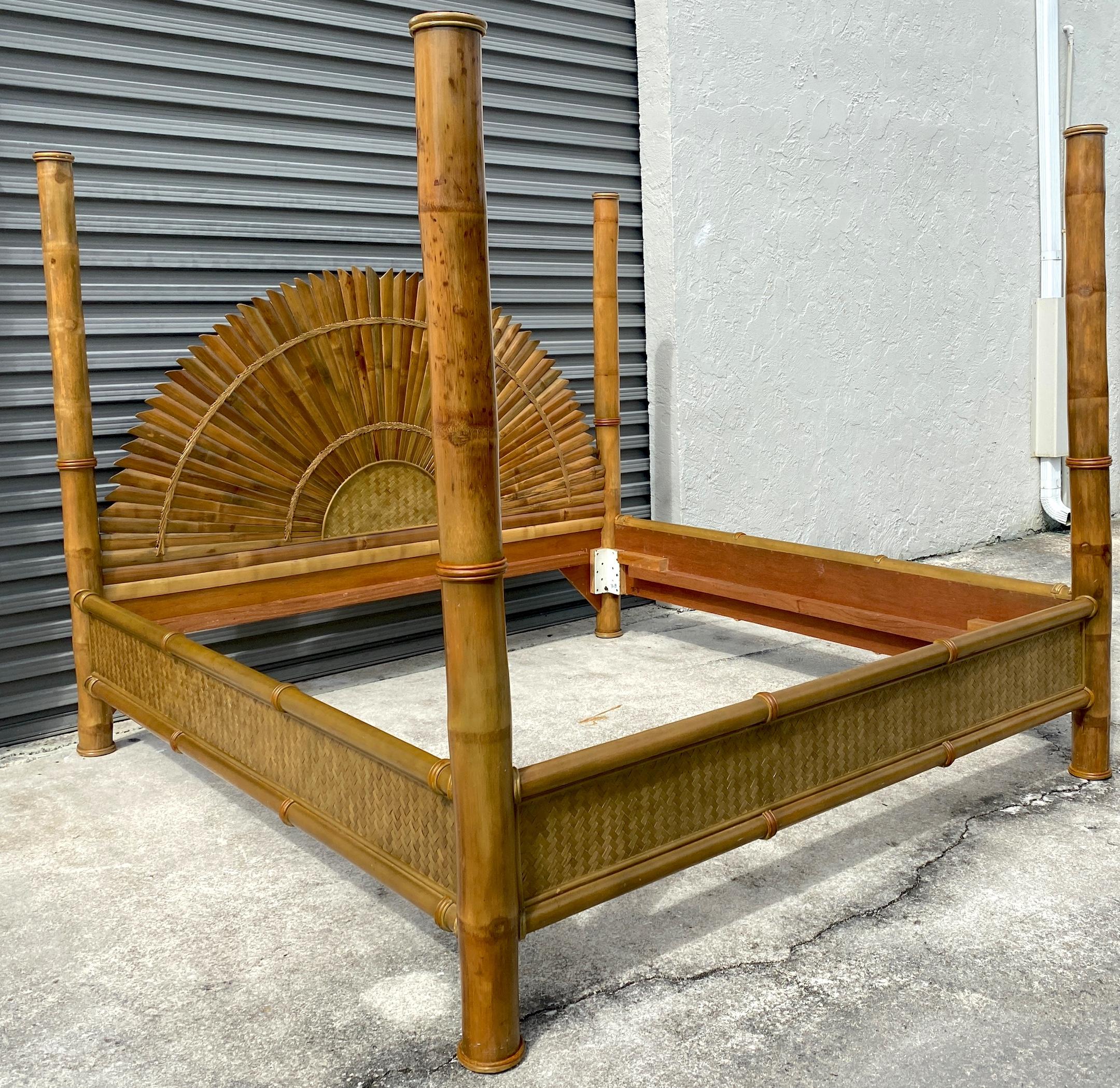 Mid Century Costal Bamboo, Rattan and Reed King Size Four Poster Bed  In Good Condition For Sale In West Palm Beach, FL