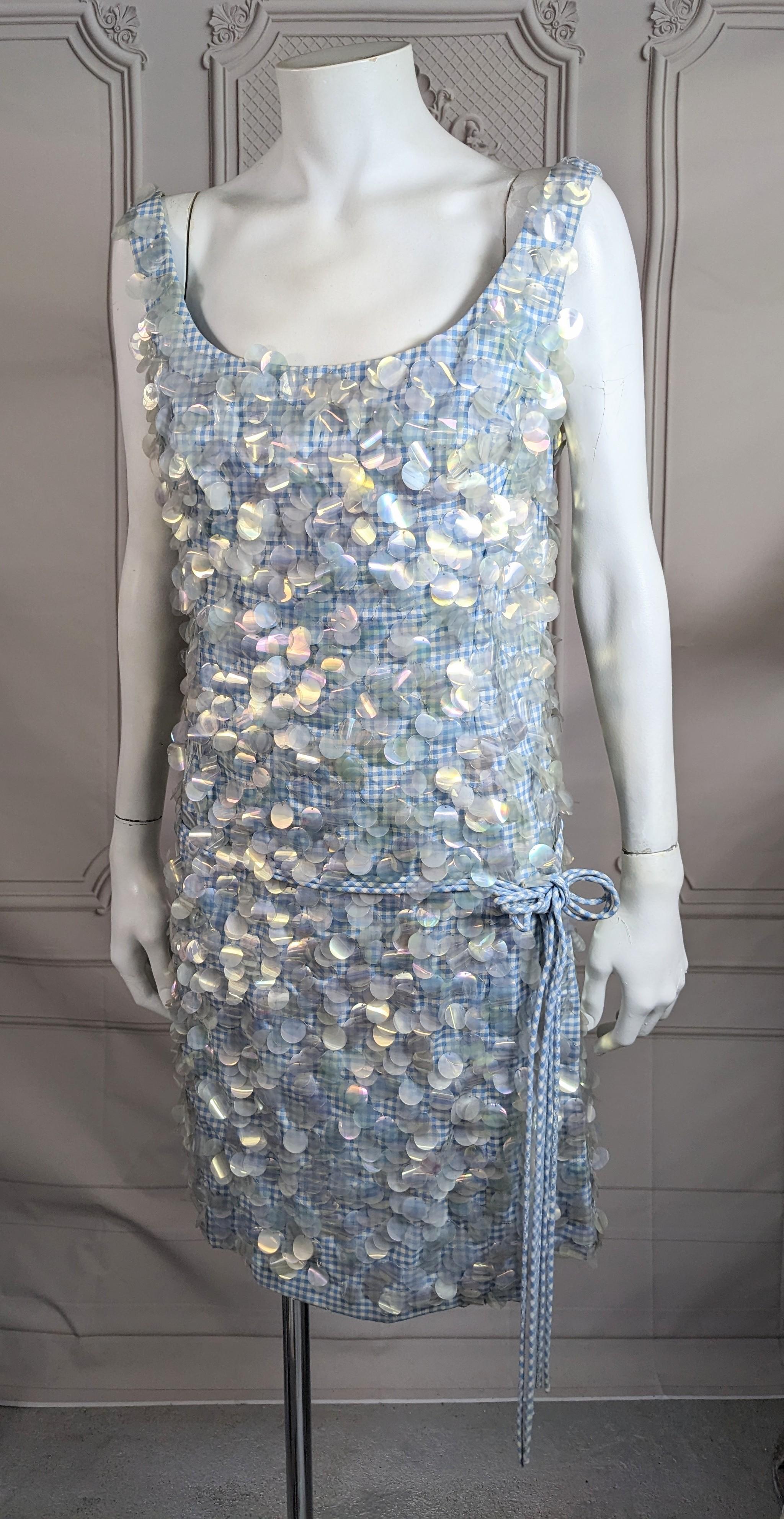 Gray Mid Century Cotton Gingham Paillette Encrusted Dress For Sale