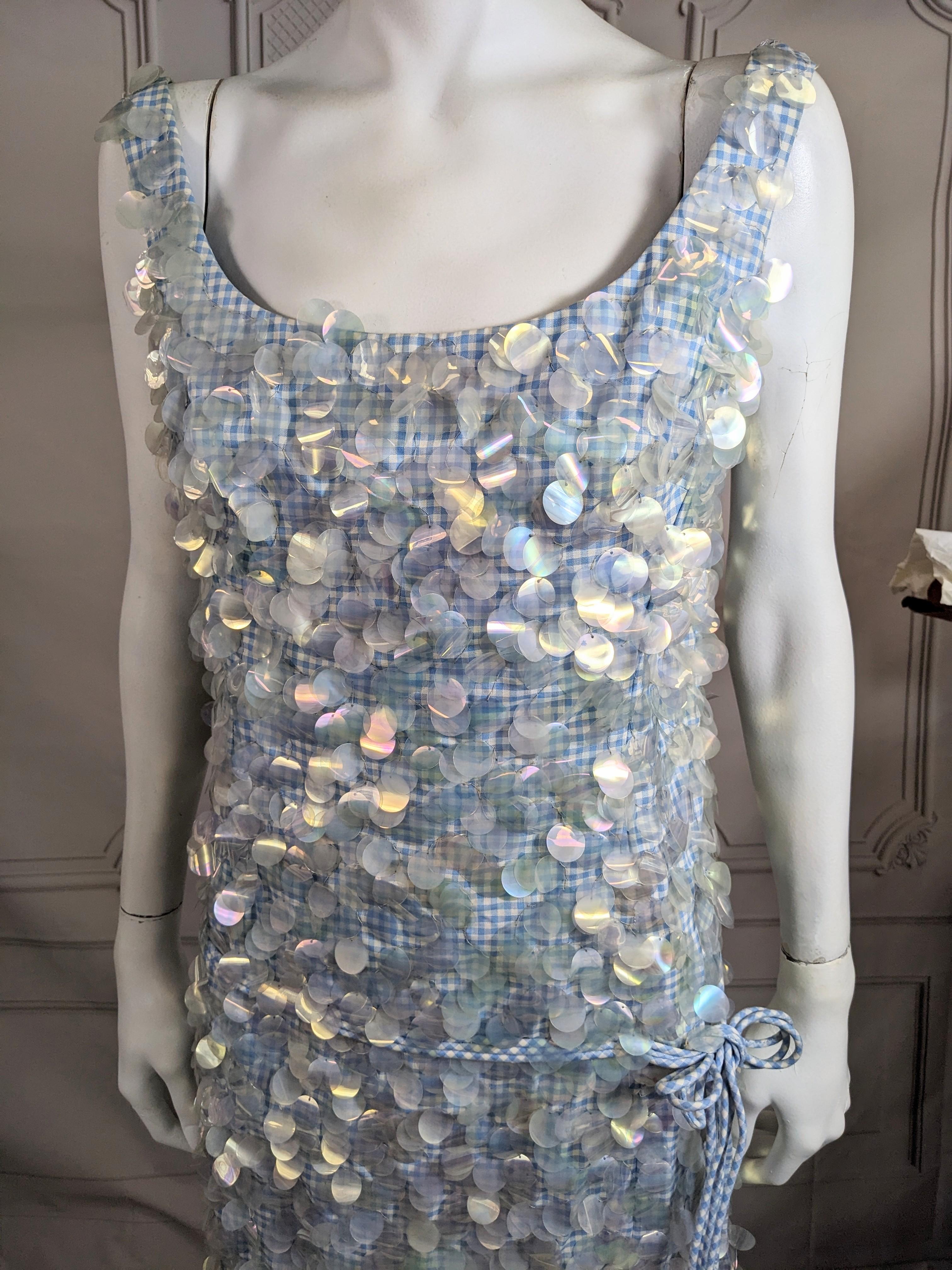 Mid Century Cotton Gingham Paillette Encrusted Dress In Good Condition For Sale In New York, NY
