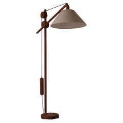 Retro Mid-century counter balance floorlamp teak silk shade 70's