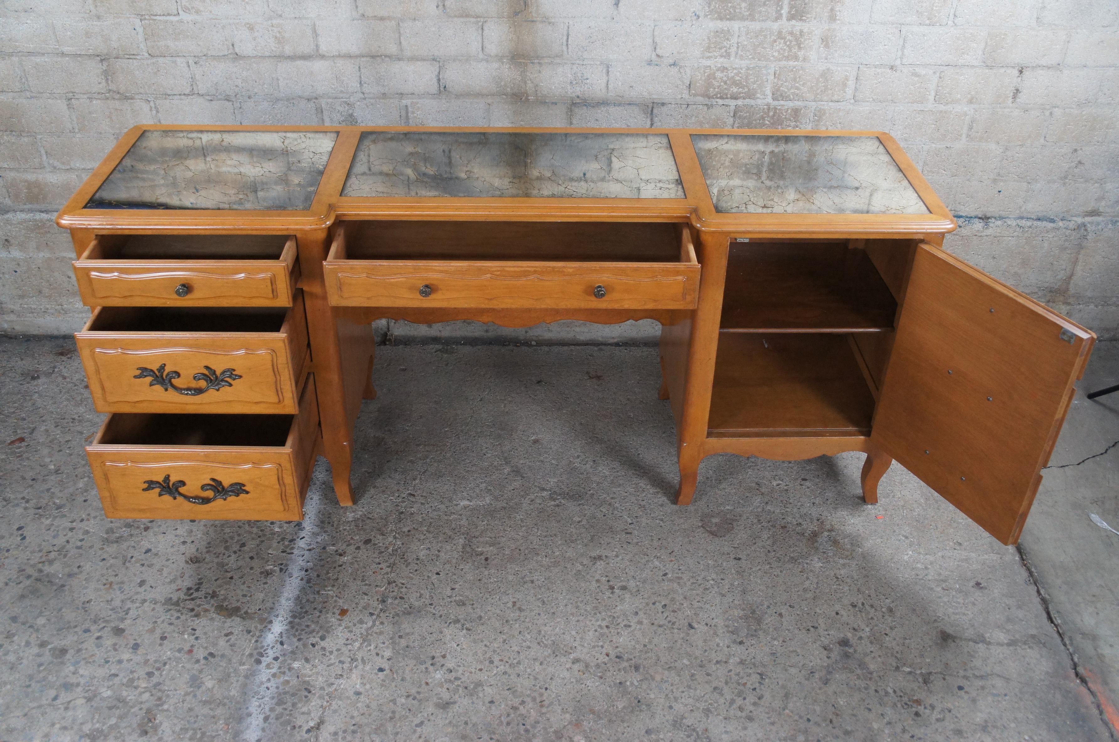 20th Century Mid Century Country French Provincial Mirrored Vanity Desk Console Credenza 72