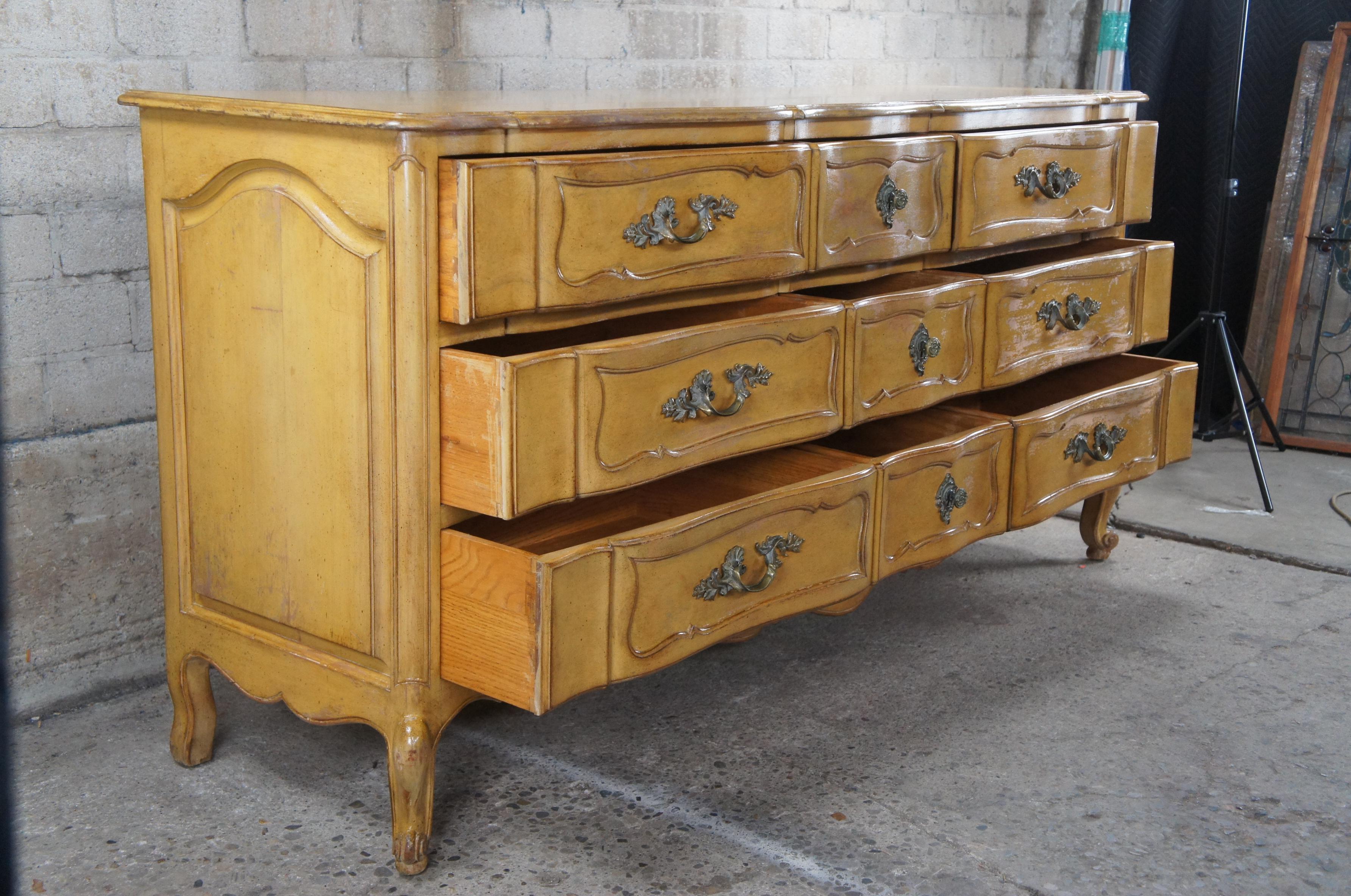 Mid Century Country French Provincial Serpentine 9 Drawer Triple Dresser 72