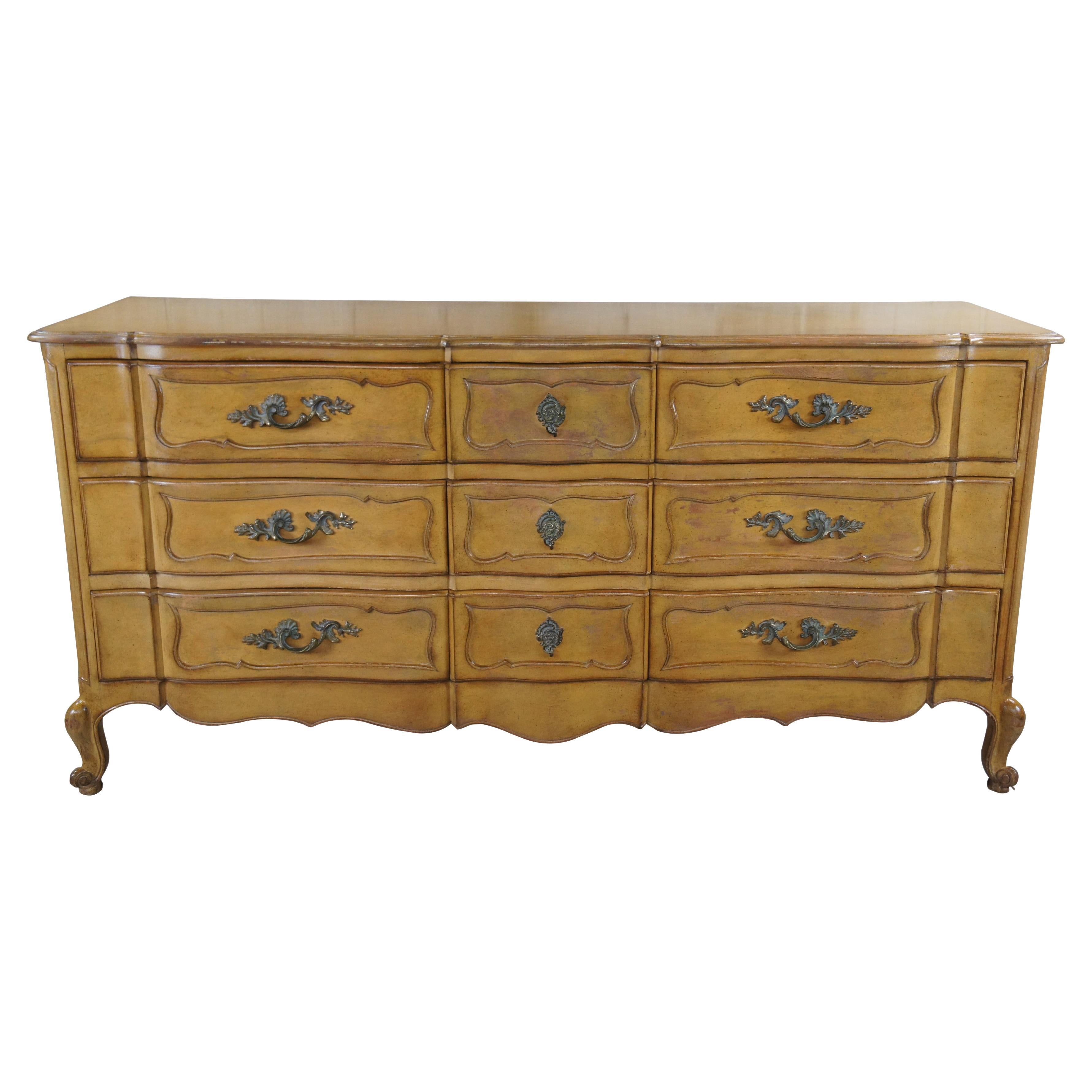 Mid Century Country French Provincial Serpentine 9 Drawer Triple Dresser 72" For Sale