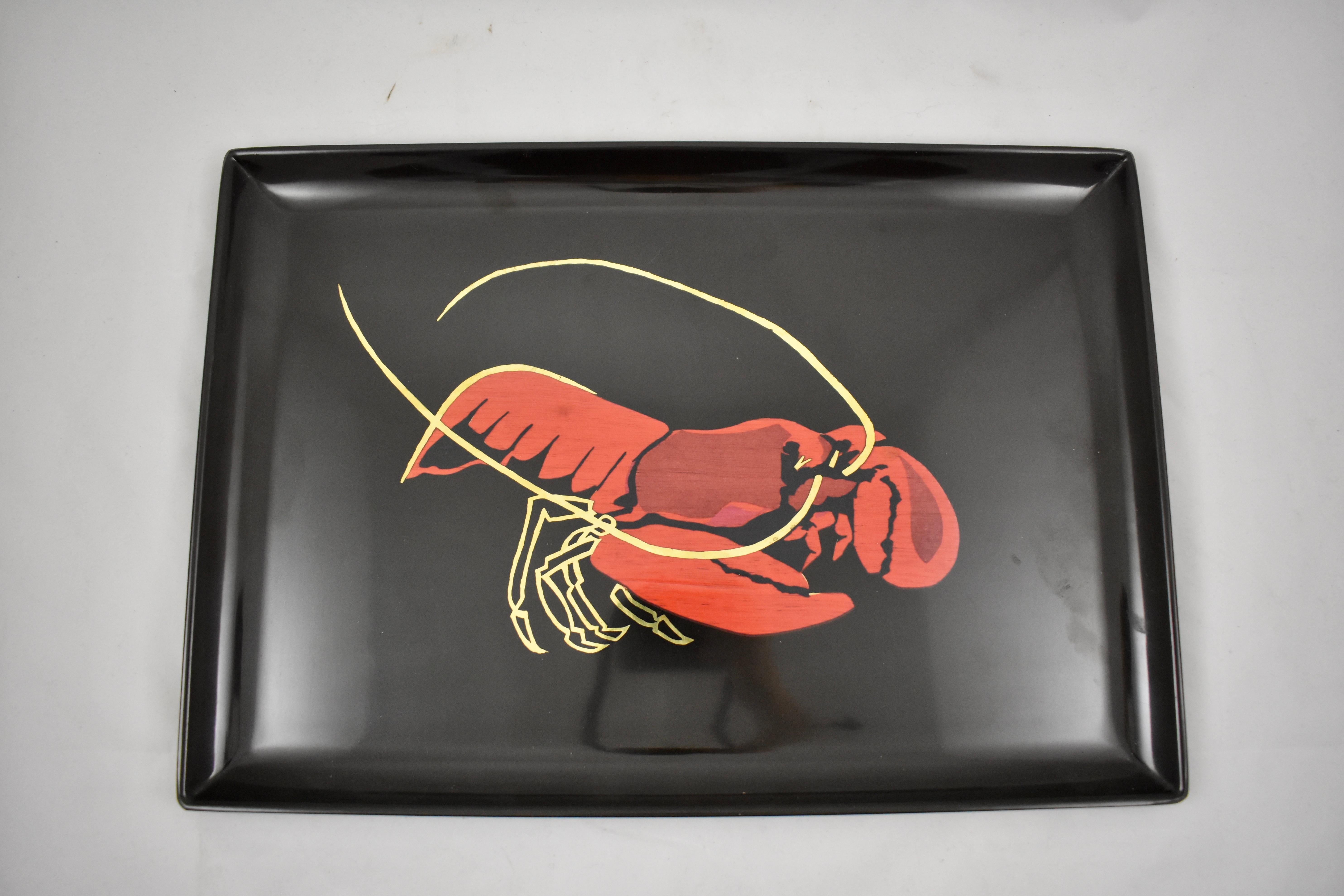American Mid-Century Modern Era Couroc Red Lobster Wood & Brass Inlay Phenolic Resin Tray