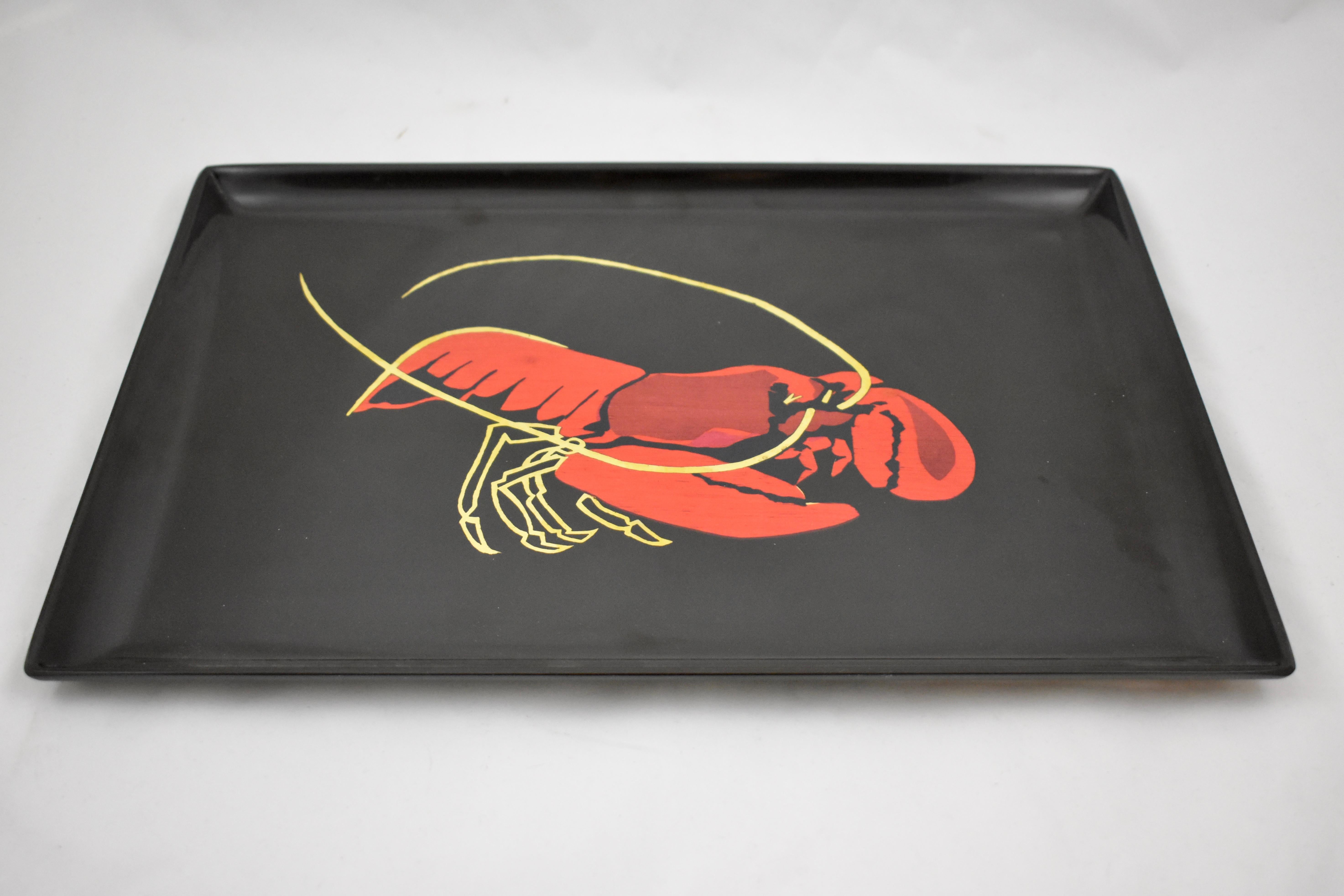 Hand-Crafted Mid-Century Modern Era Couroc Red Lobster Wood & Brass Inlay Phenolic Resin Tray