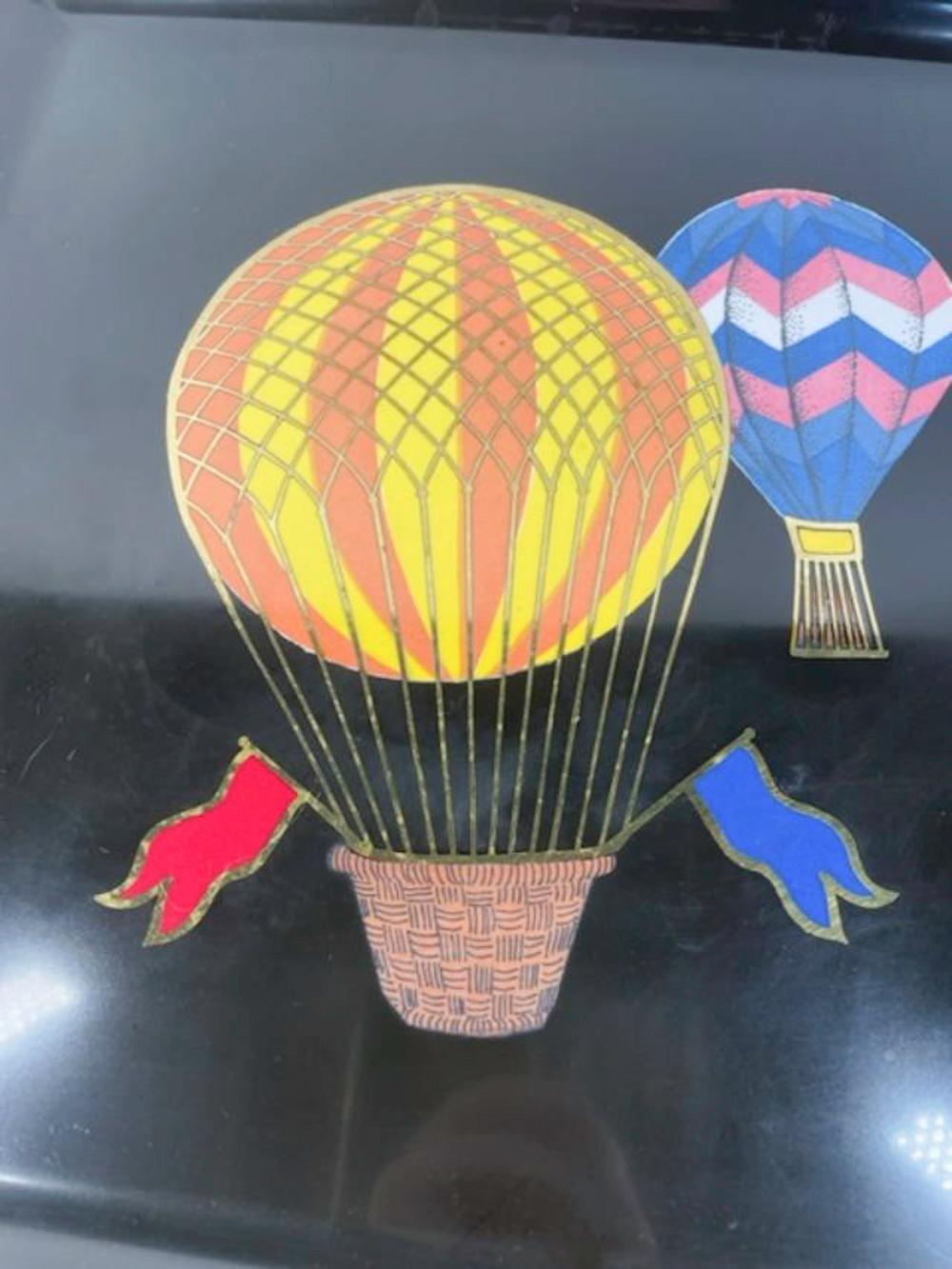 Mid-Century Modern Mid-Century Couroc Phenolic Resin Tray w/Resin & Brass Inlaid Hot Air Balloons For Sale