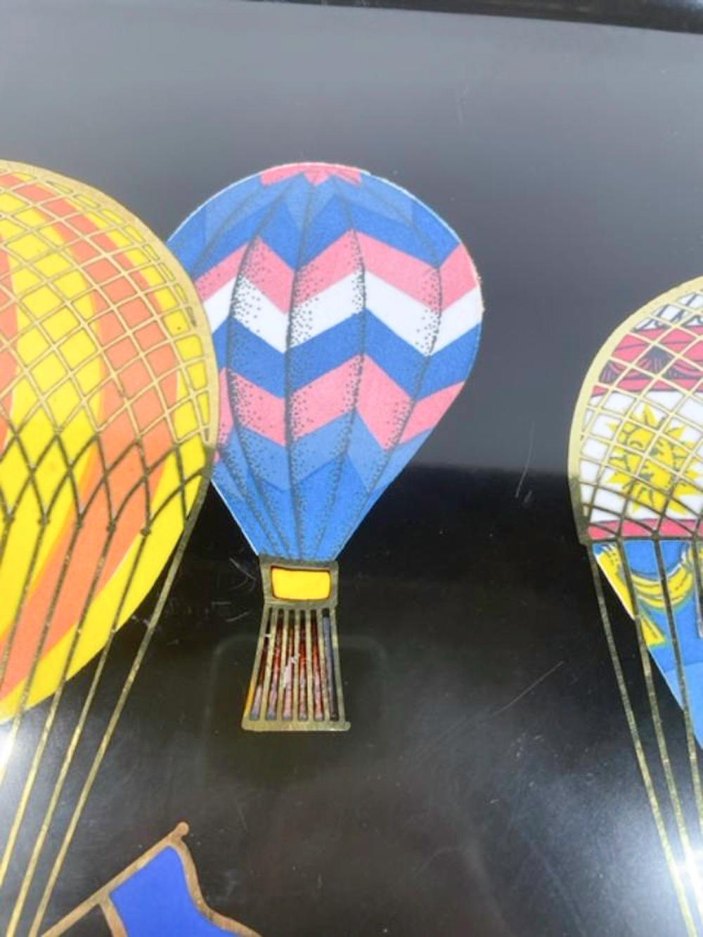 American Mid-Century Couroc Phenolic Resin Tray w/Resin & Brass Inlaid Hot Air Balloons For Sale
